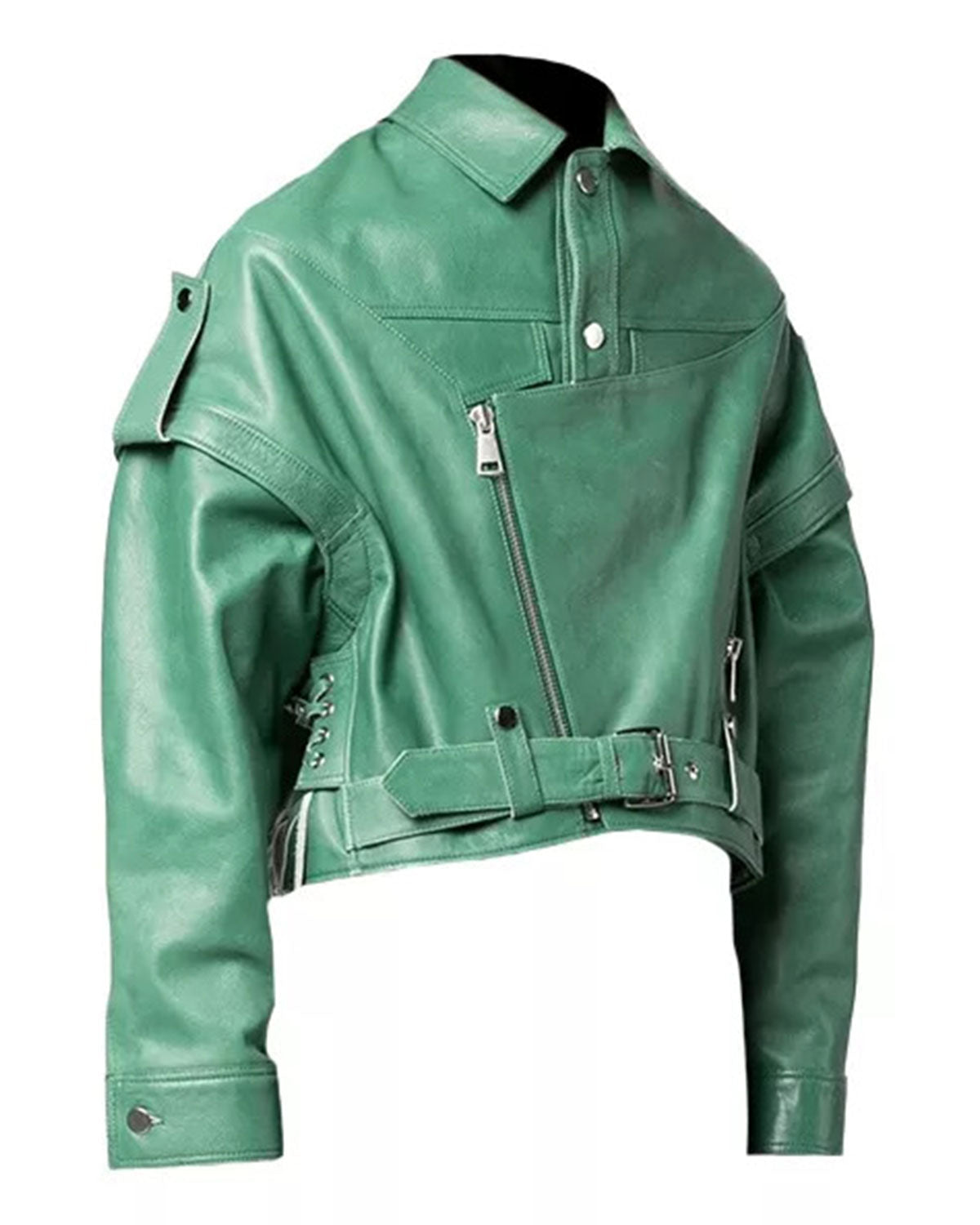 Womens Green Leather Biker Jacket