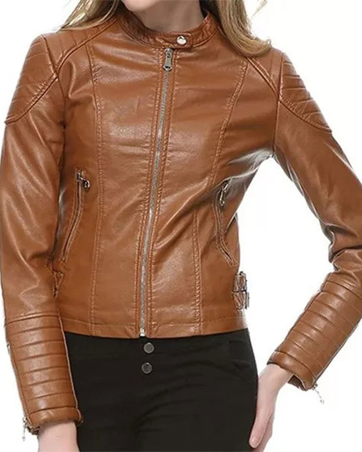 Womens Cognac Brown Cafe Racer Leather Jacket