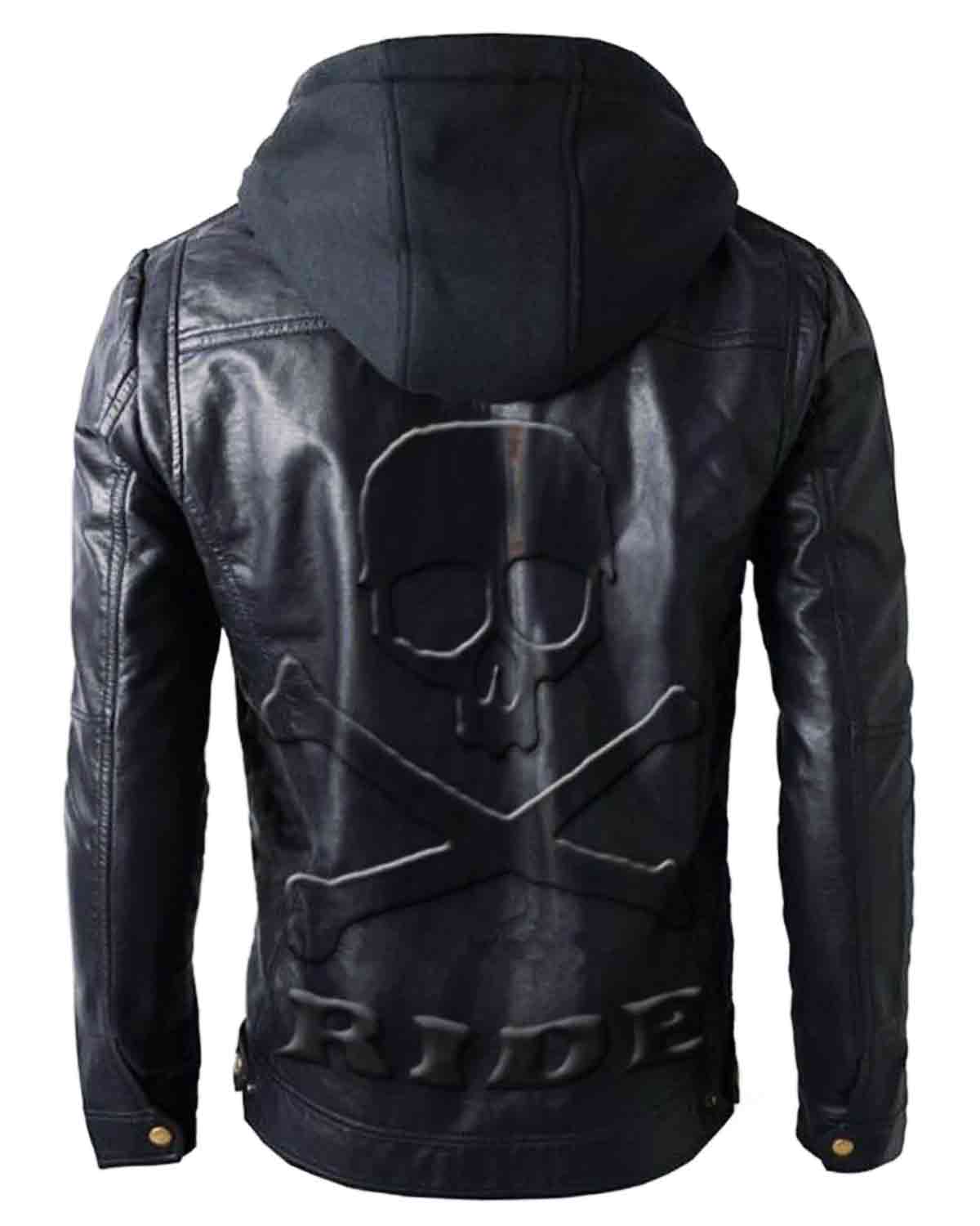 Brando Style Motorbike Leather Jacket Hoodie with Skull Embossed Logo at Back