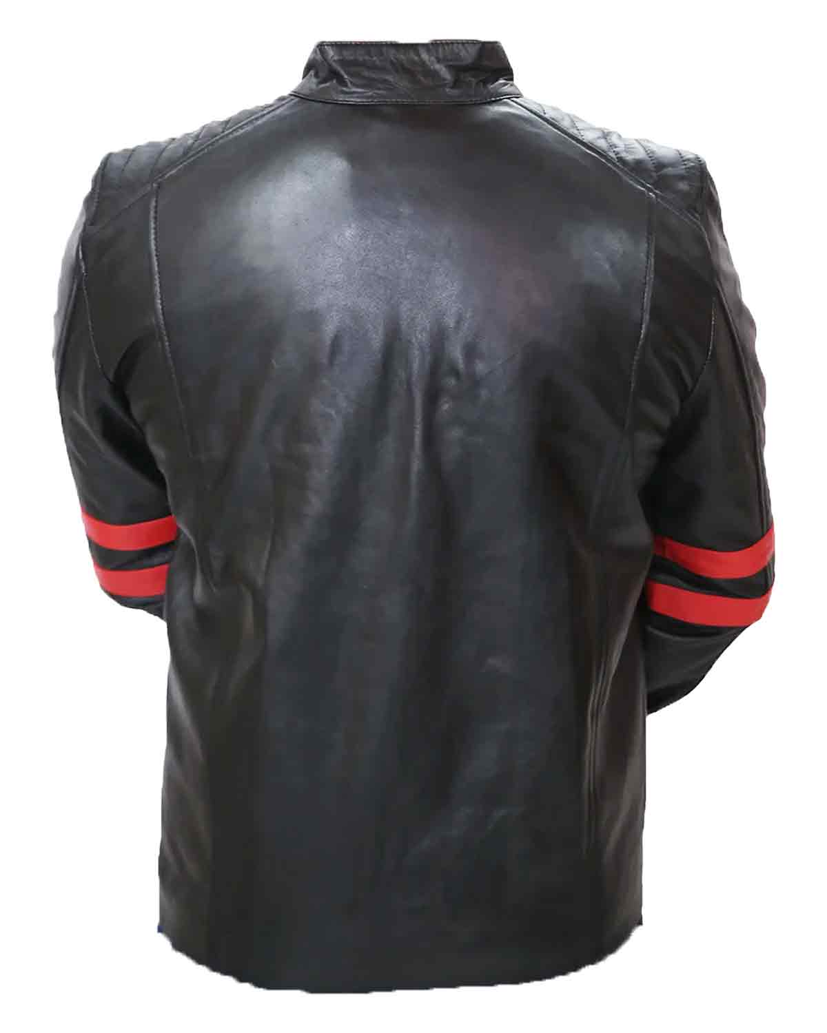 Men's Black Cafe Racer Red Strip Lambskin Leather Jacket