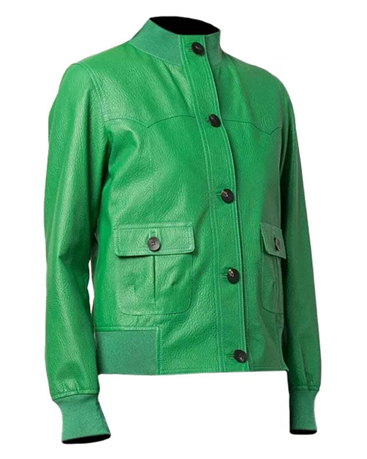 Womens Buttoned Green Leather Jacket