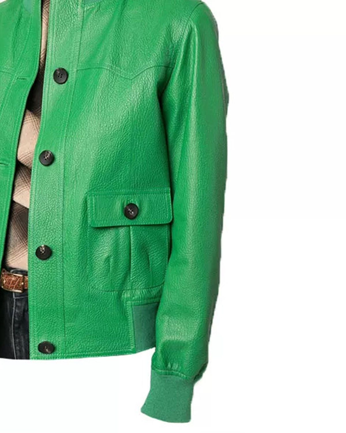 Womens Buttoned Green Leather Jacket