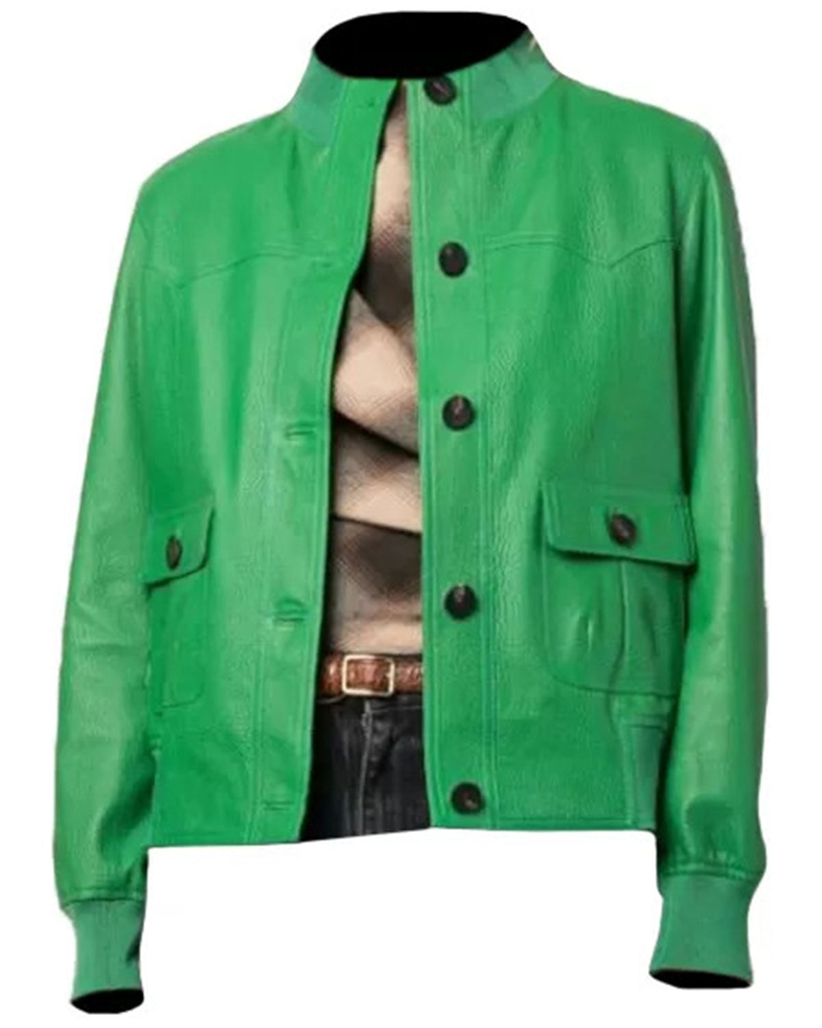 Womens Buttoned Green Leather Jacket