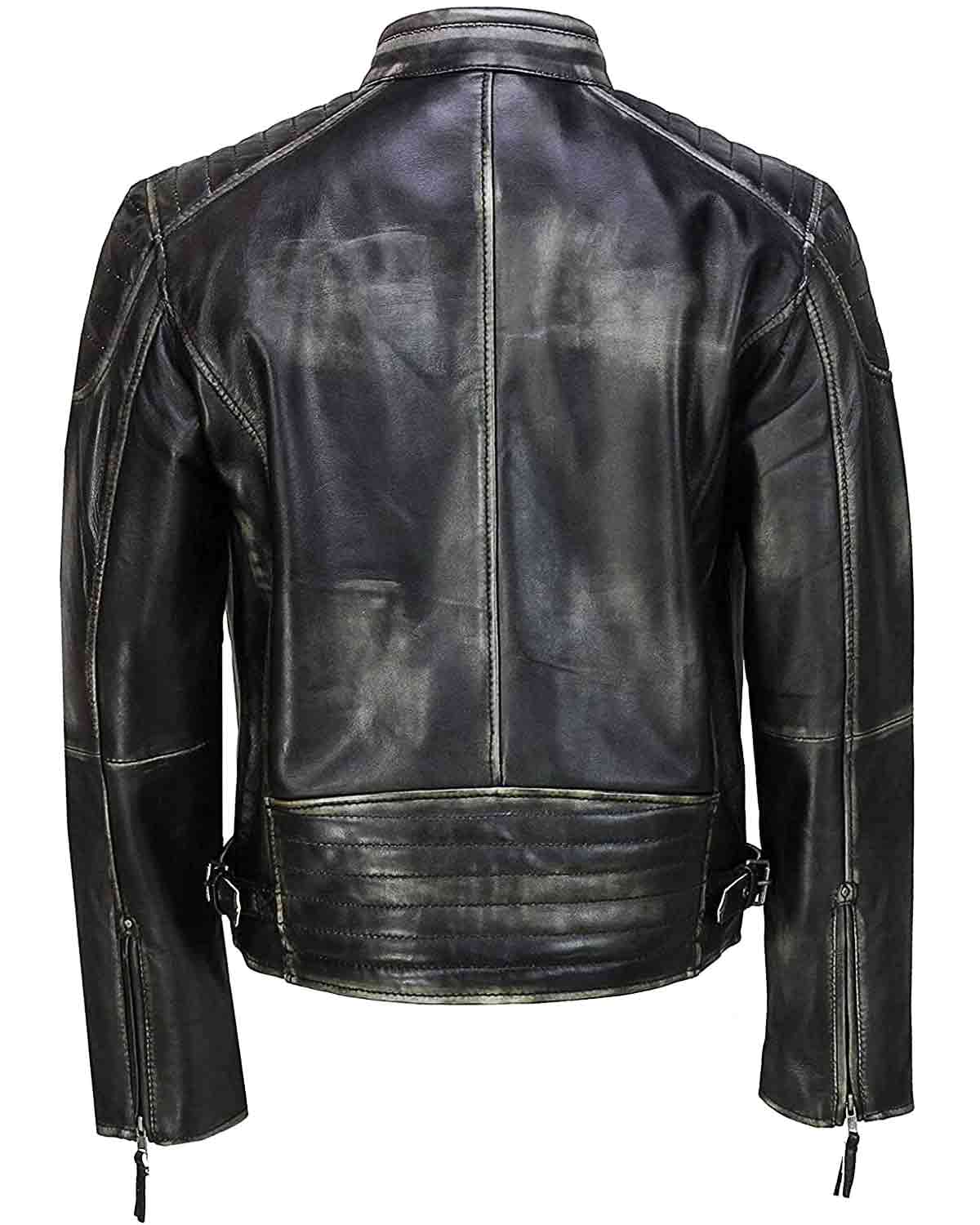 Men's Black Distressed Cafe Racer Leather Jacket