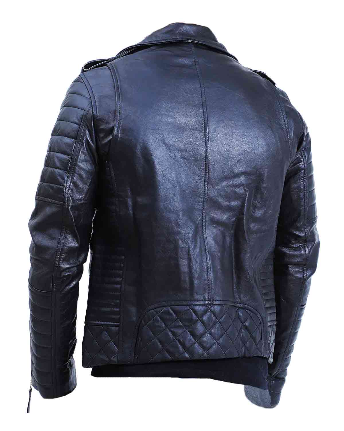 Mens Biker Quilted Lambskin Black Leather Jacket