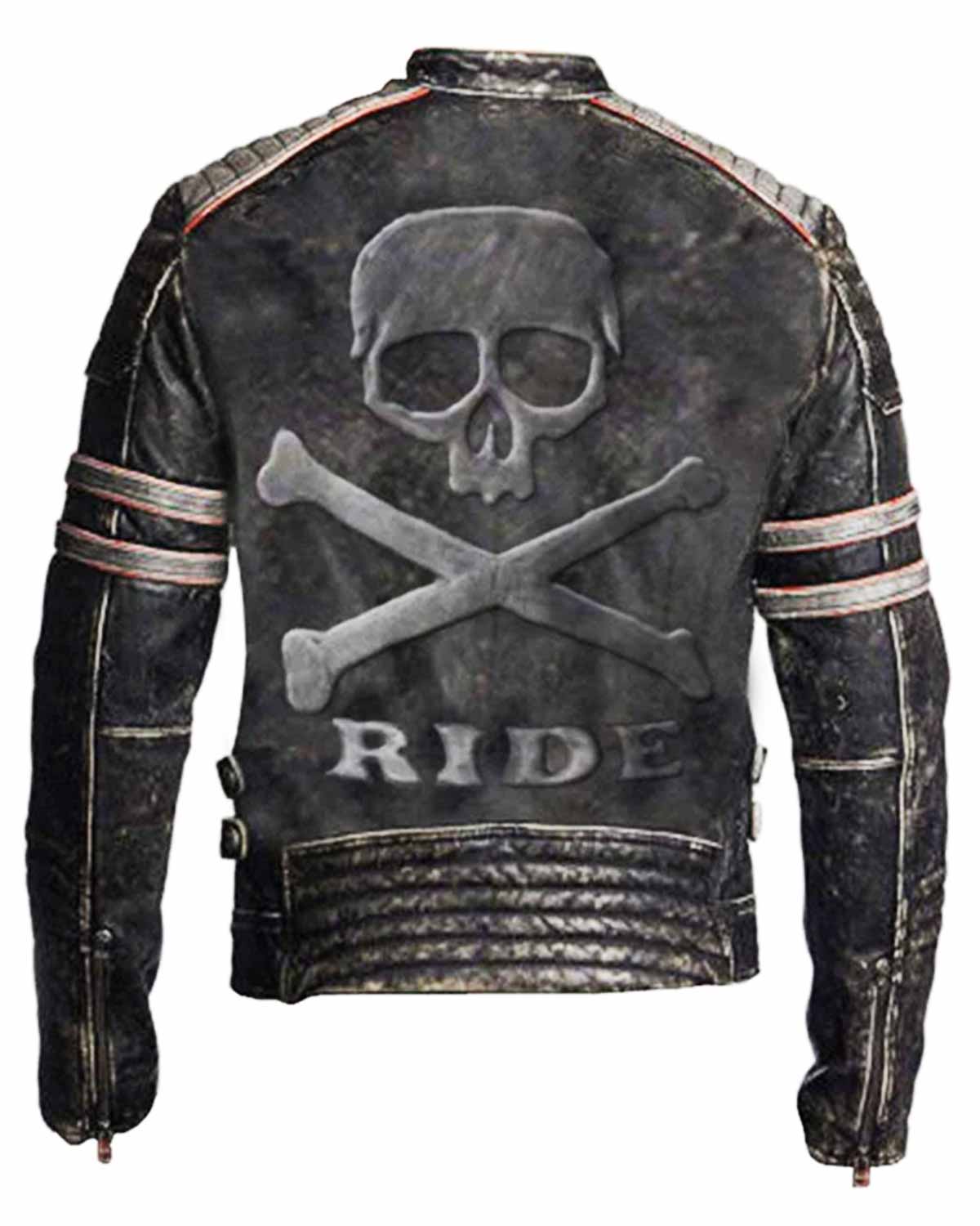 Biker Vintage Distressed Jacket Skull Embossed Logo at back