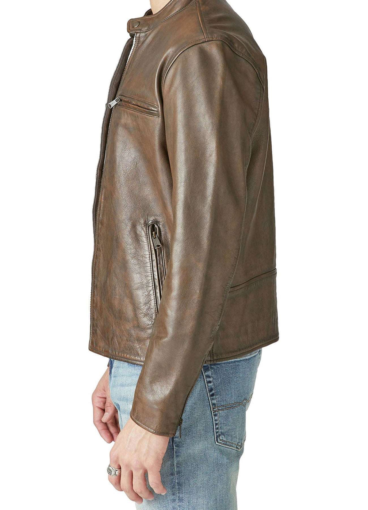 Mens Khaki Color Biker Leather Jacket