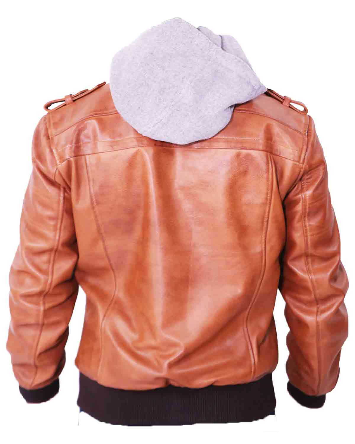 Men's Grey Removable Hood Brown Leather Jacket