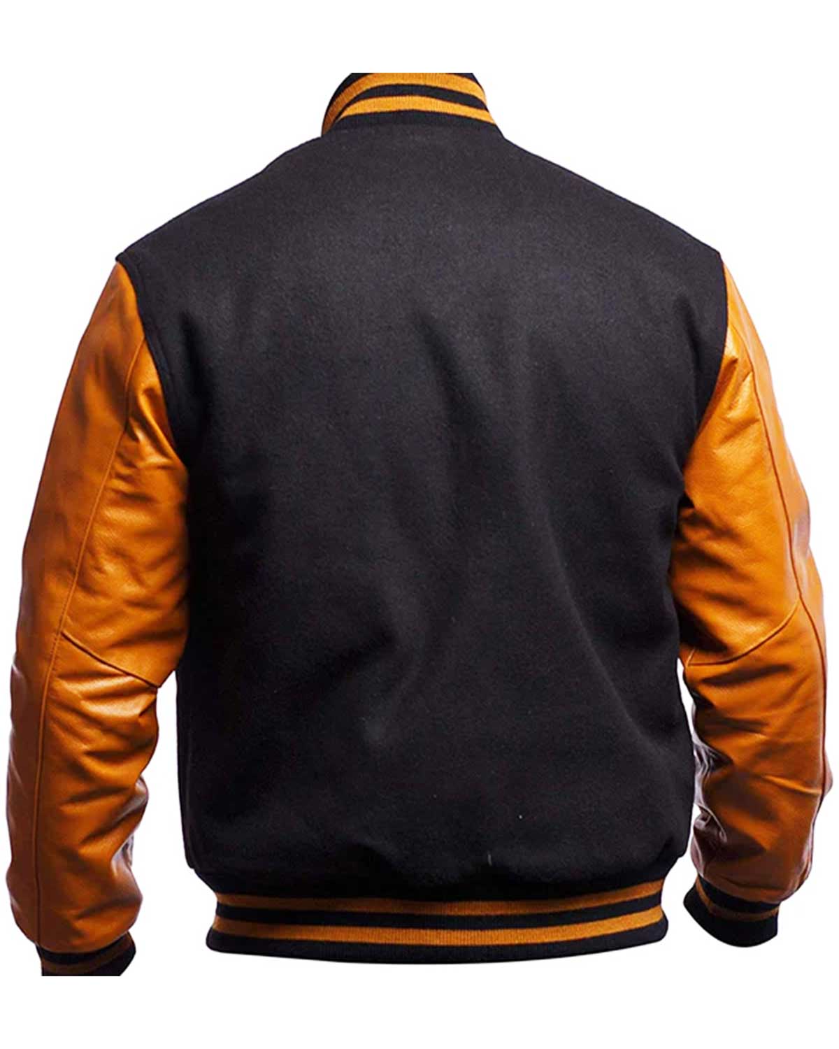 Men's Varsity Black and Gold Bomber Baseball Letterman Leather Jacket