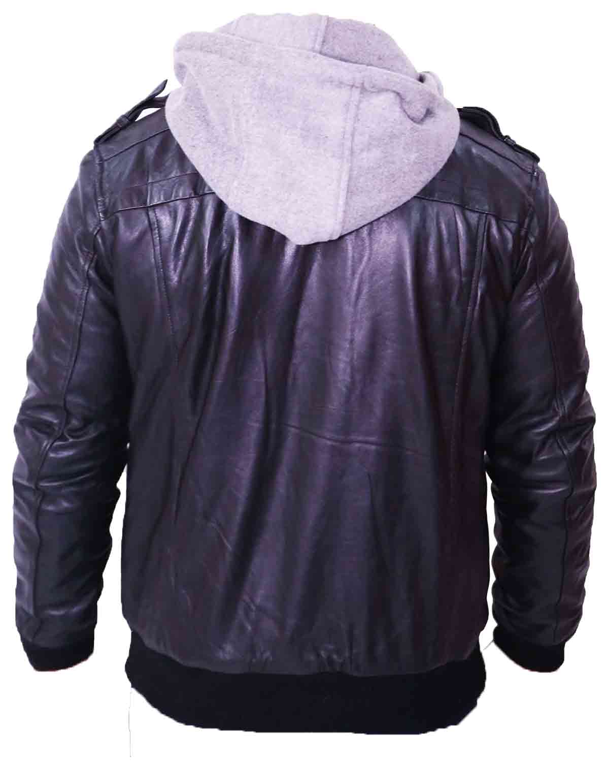 Men's Grey Removable Hood Black Leather Jacket