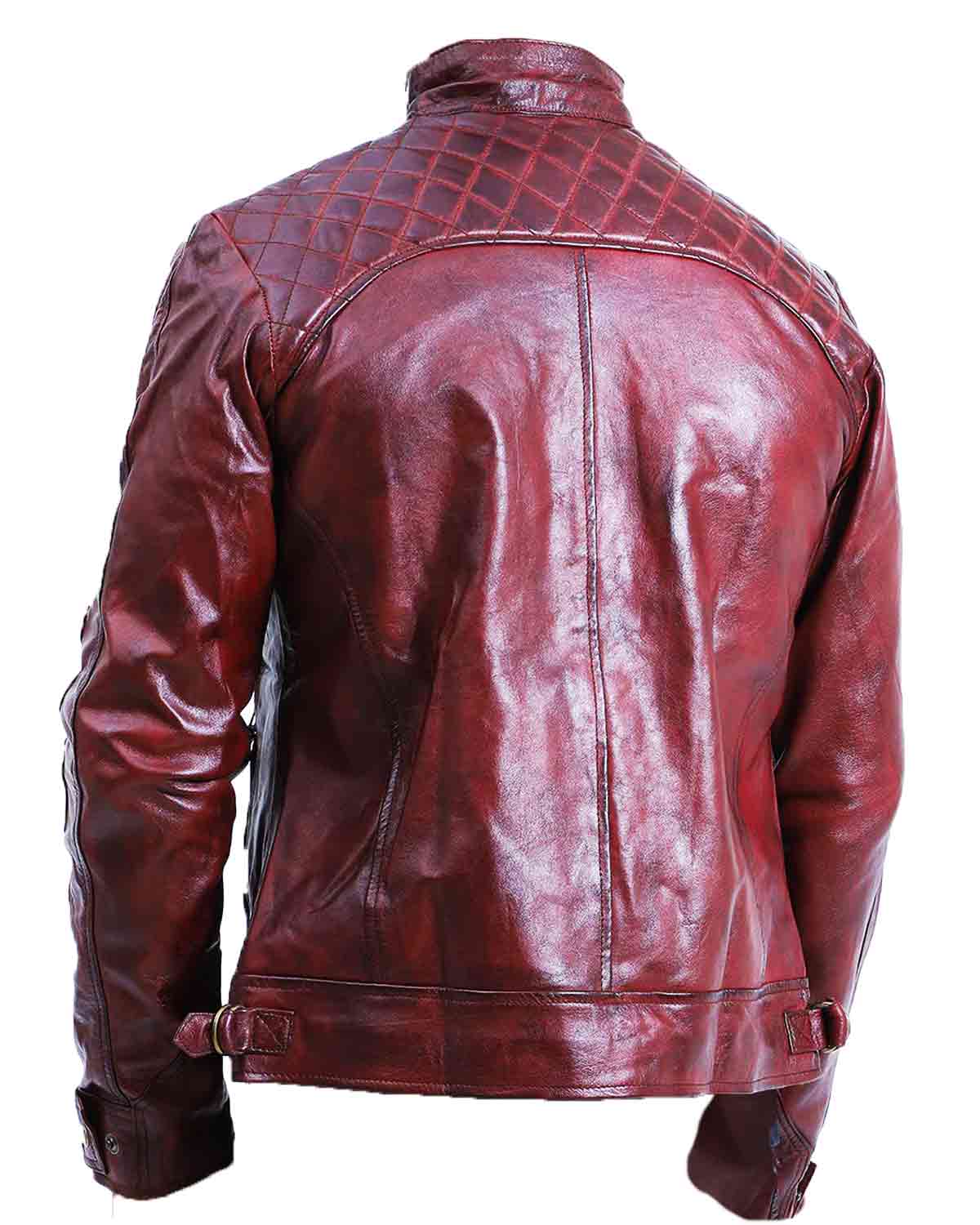 Men's Quilted Maroon Cafe Racer Leather Jacket