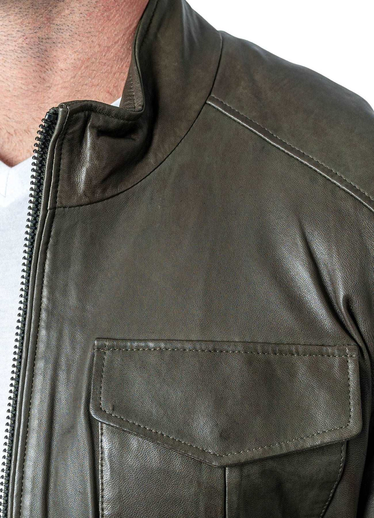 Mens Military Style Olive Green Leather Jacket