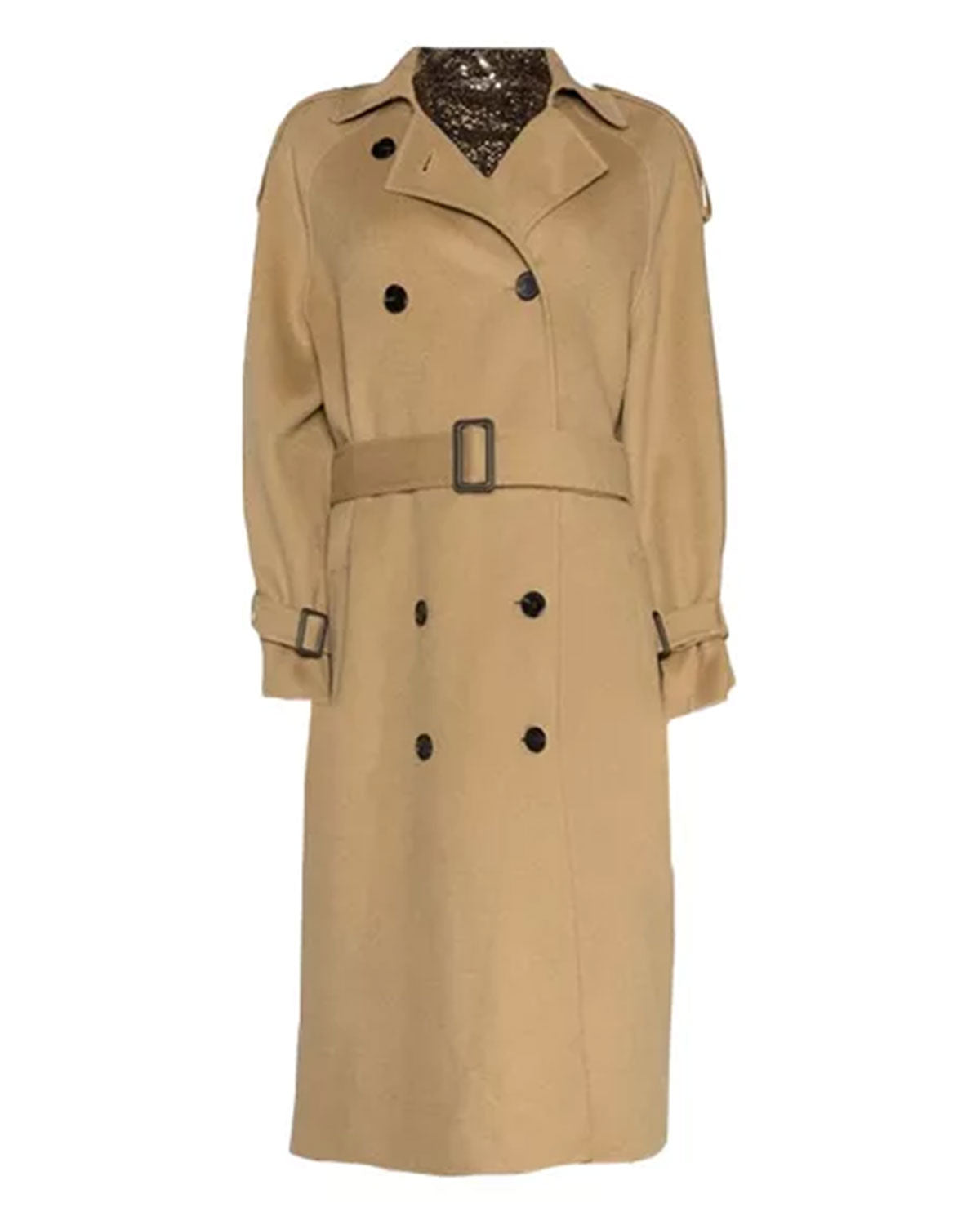 Womens Beige Double Breasted Wool Trench Coat