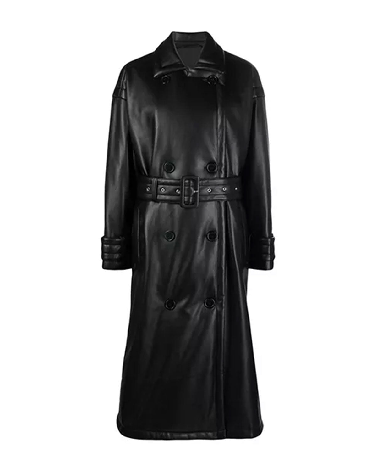 Womens Black Leather Trench Coat Double Breasted