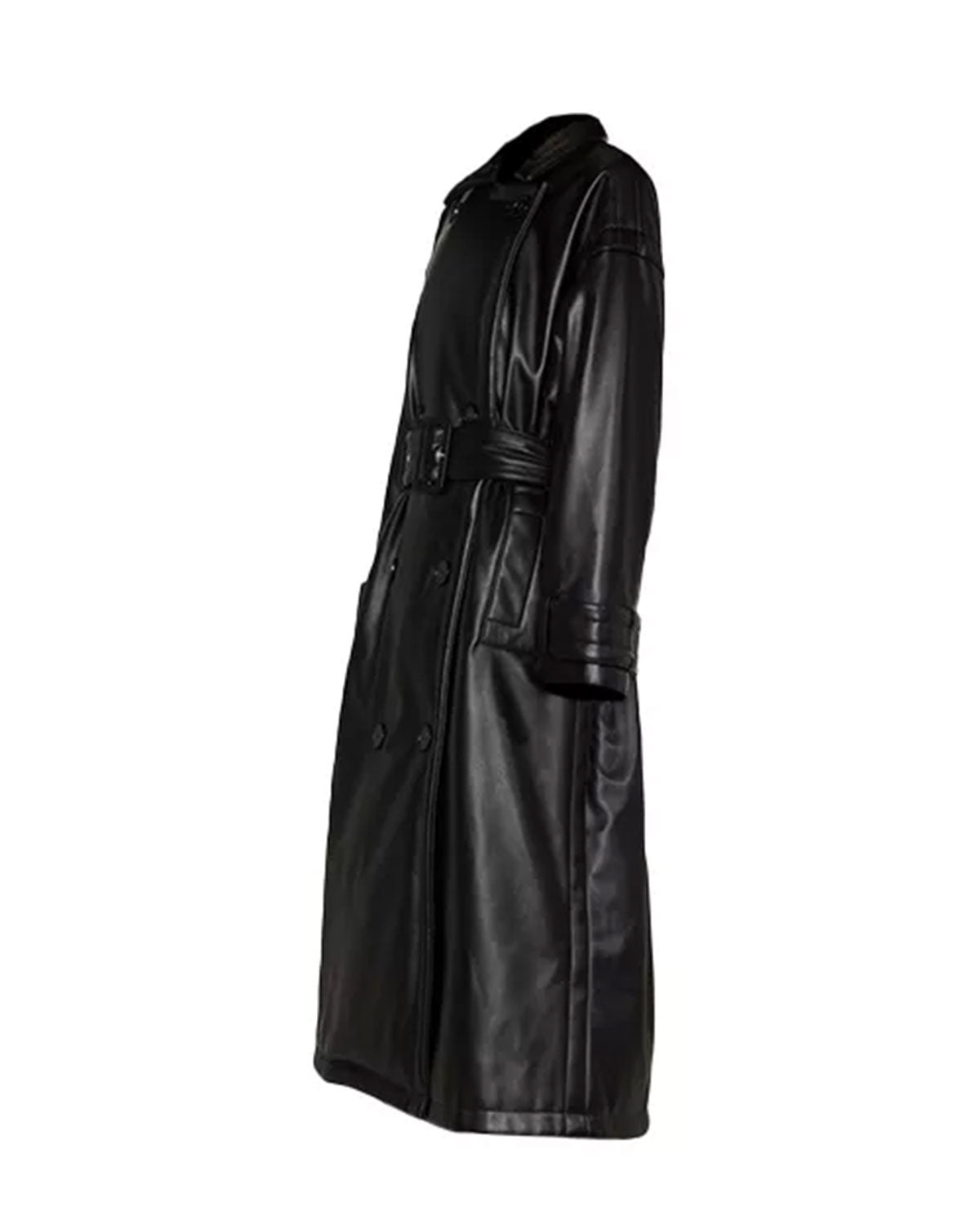 Womens Black Leather Trench Coat Double Breasted