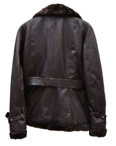 Belted Sheepskin Black Leather Jacket Coat For Women