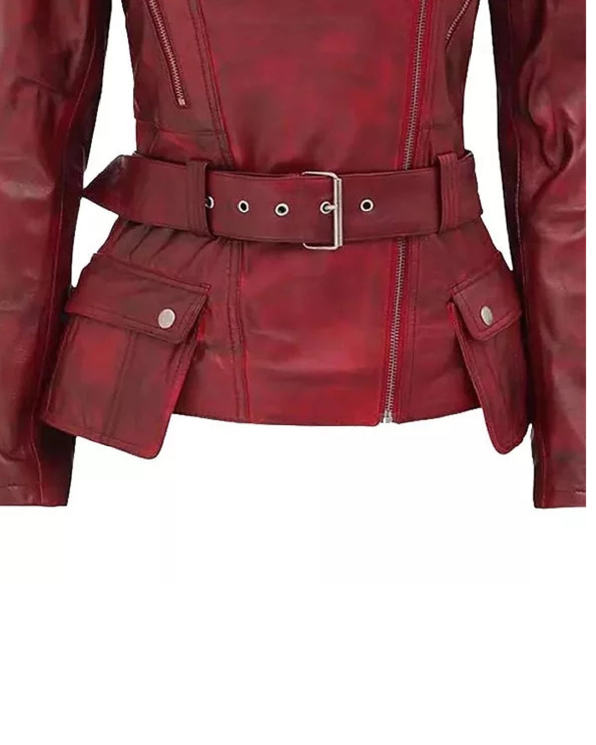 Women’s Maroon Belted Moto Leather Jacket