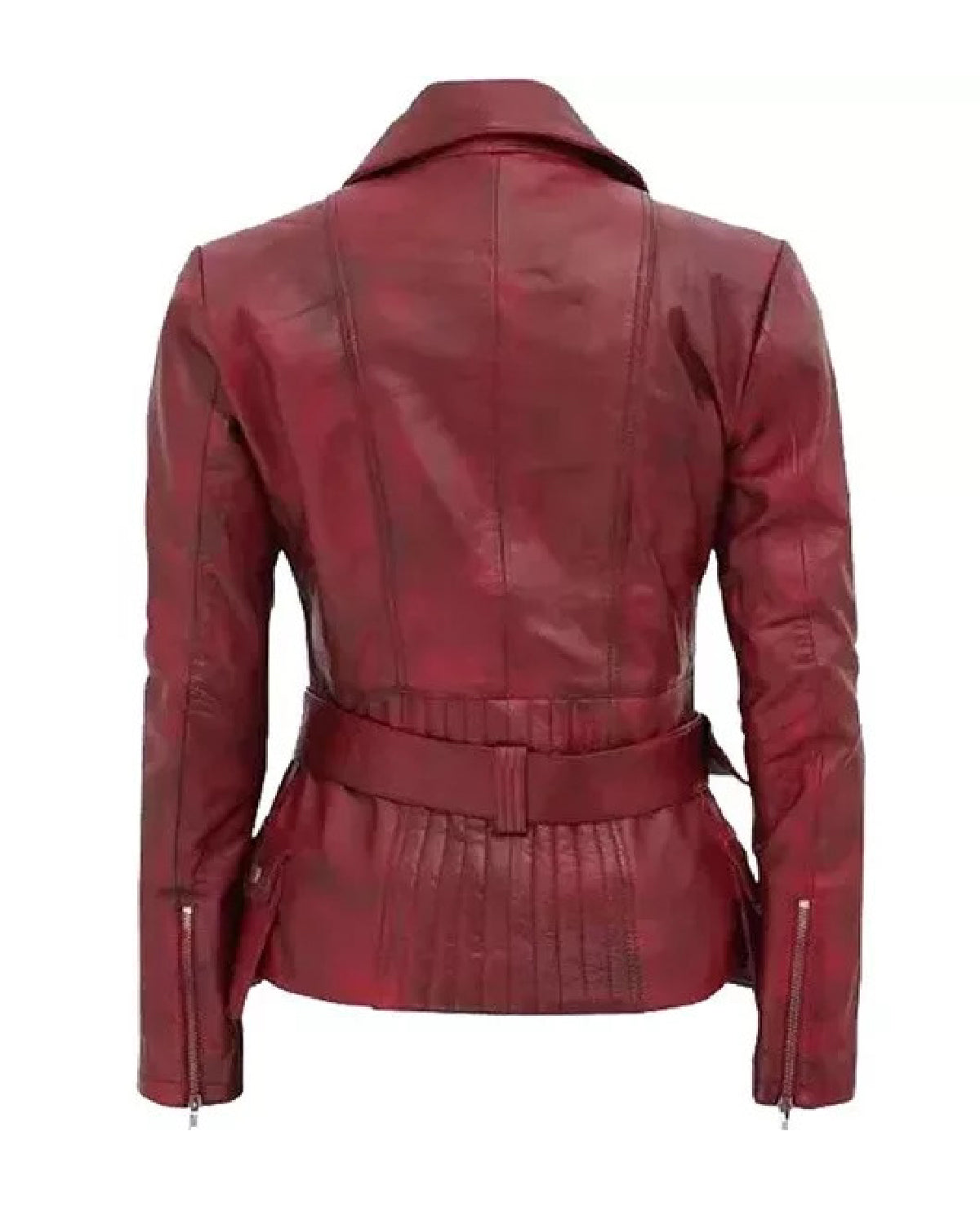 Women’s Maroon Belted Moto Leather Jacket