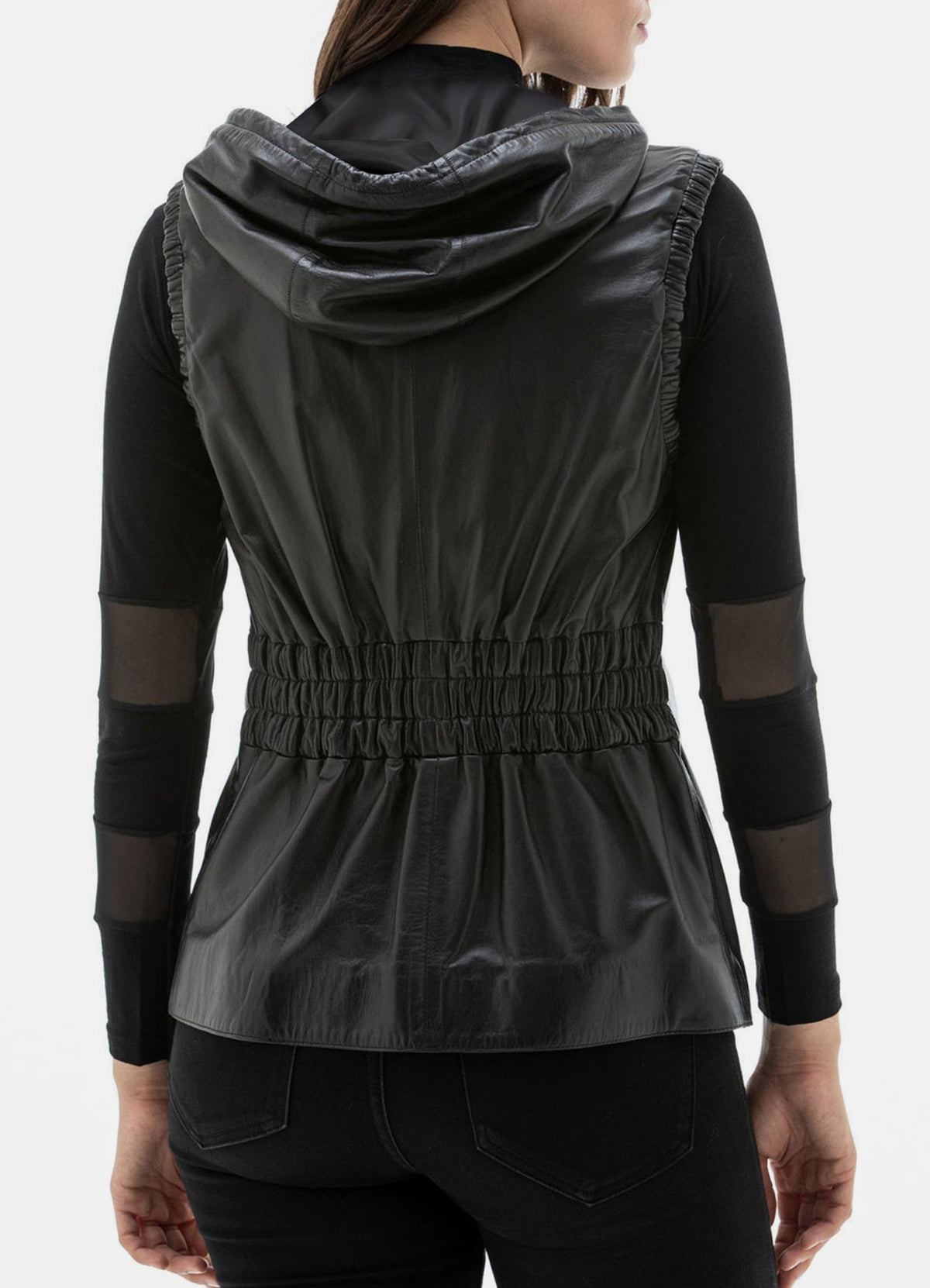 Womens Black Fashionable Hooded Leather Vest