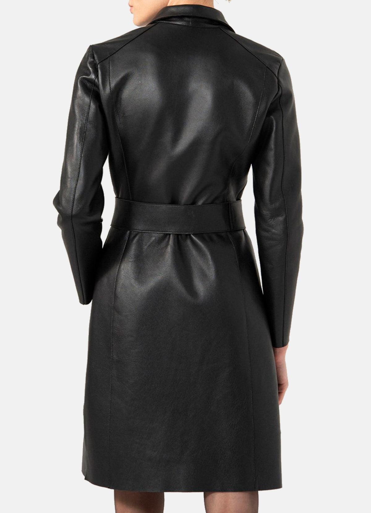 Womens Smooth Black Trench Leather Coat