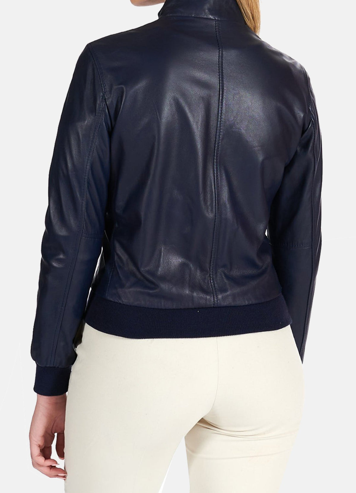 Womens Navy Blue Bomber Leather Jacket