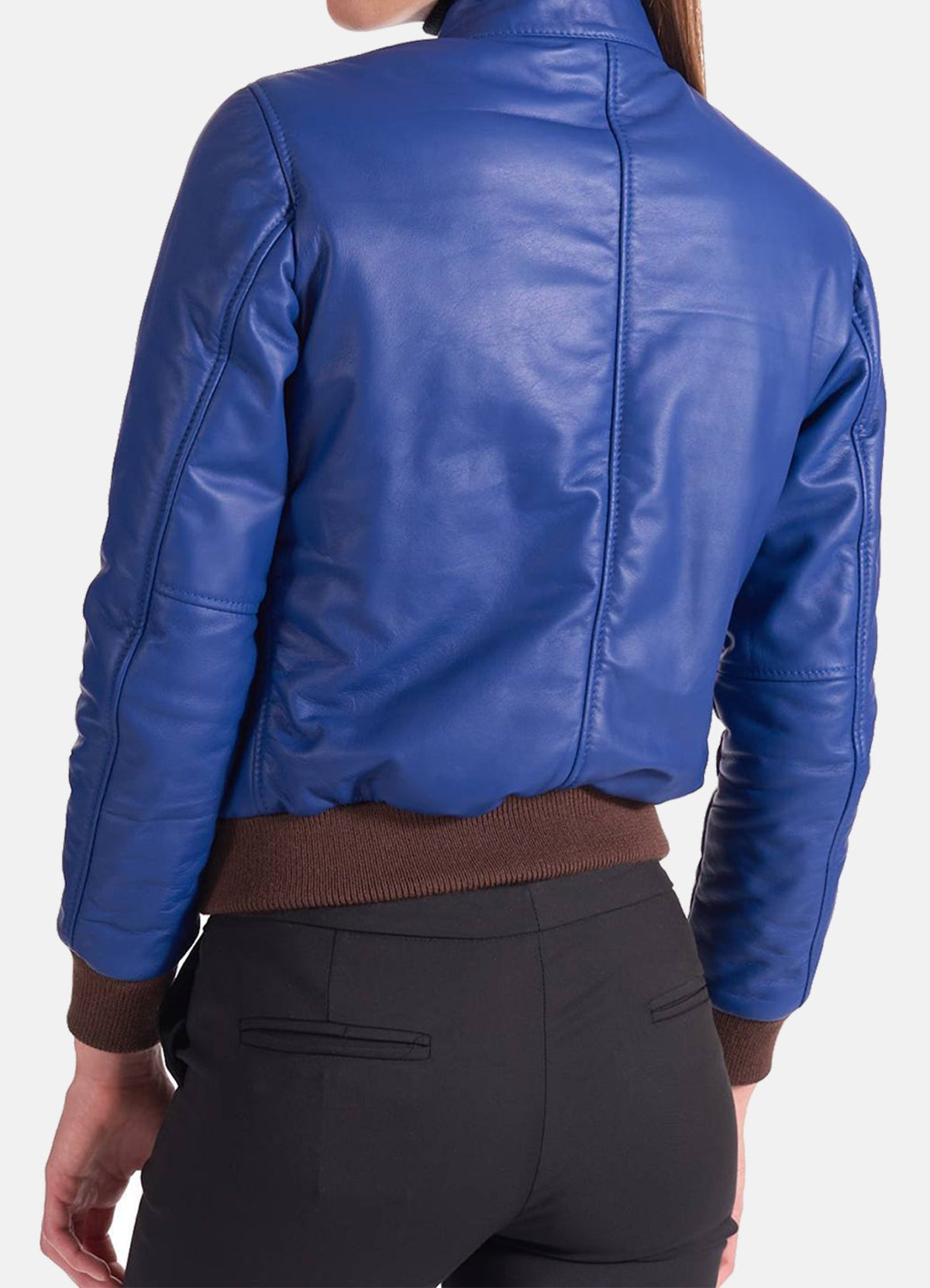 Womens Classic Blue Leather Bomber Jacket