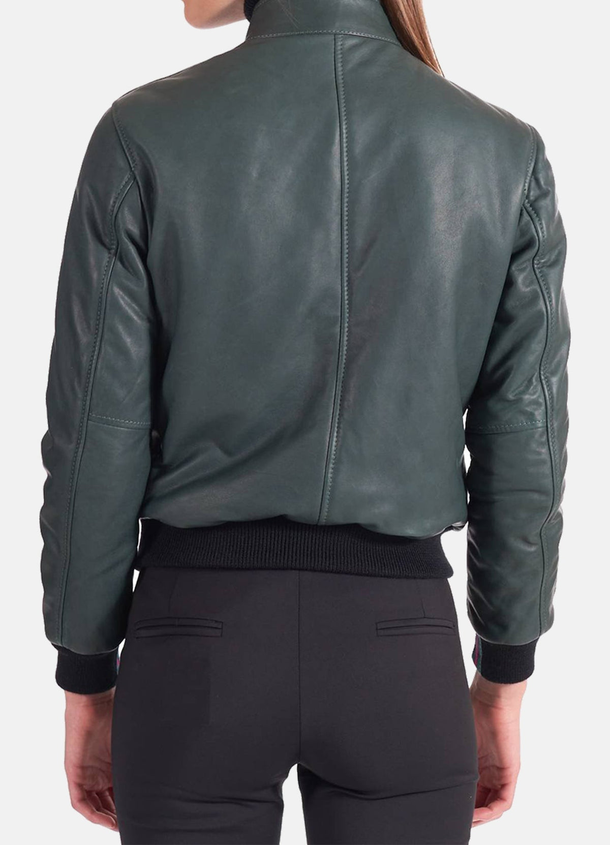 Womens Slimfit Green Leather Bomber Jacket