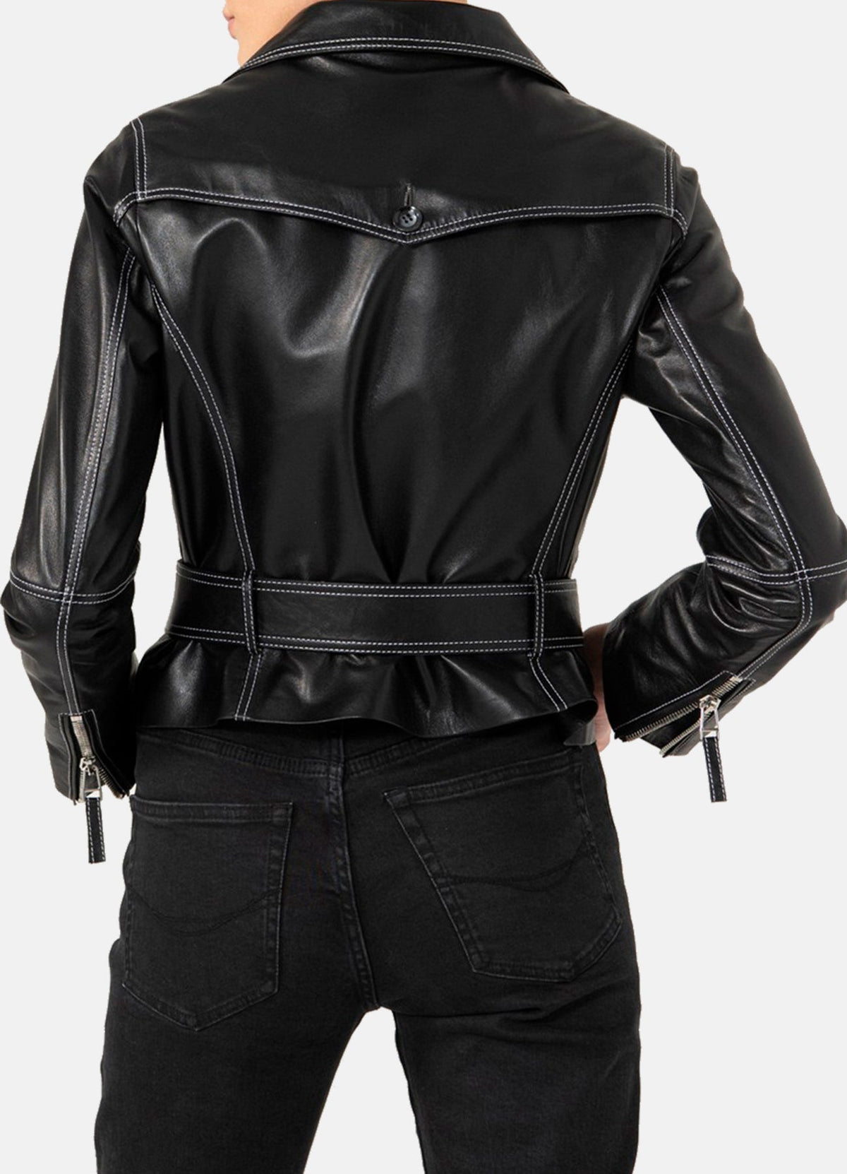 Womens White Stitched Black Biker Leather Jacket