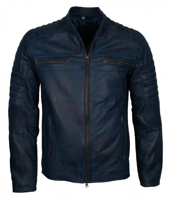 Blue Men’s Vintage Cafe Racer Genuine Leather Jacket