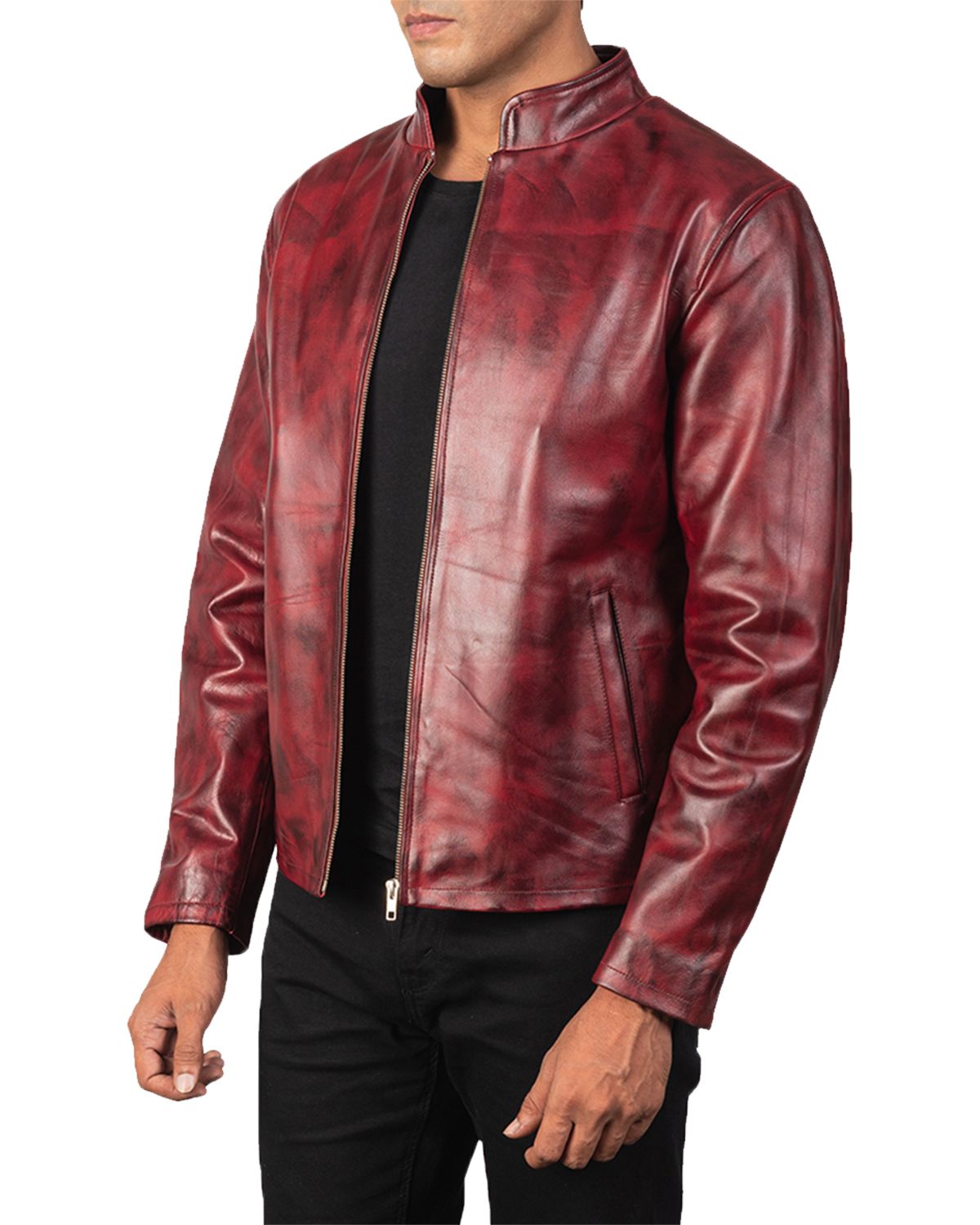 Mens Distressed Burgundy Biker Leather Jacket