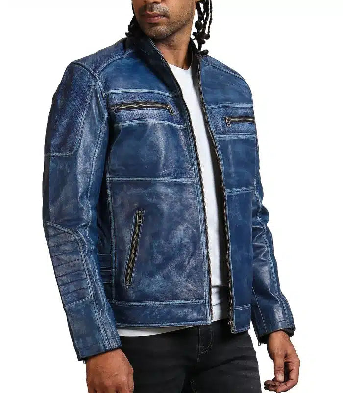 Blue Cafe Racer Mens Vintage Biker Leather Jacket