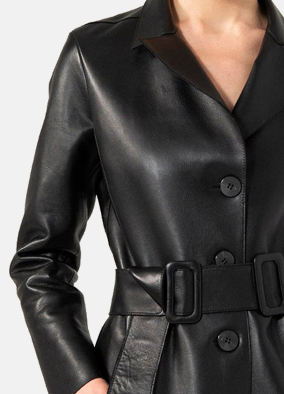 Womens Smooth Black Trench Leather Coat