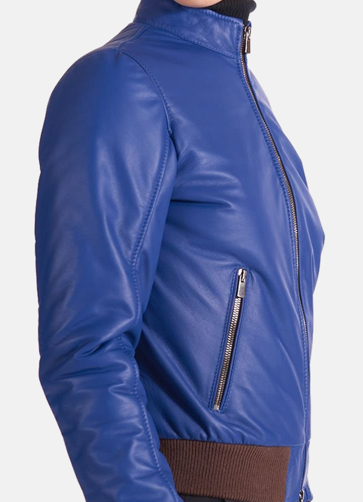 Womens Classic Blue Leather Bomber Jacket