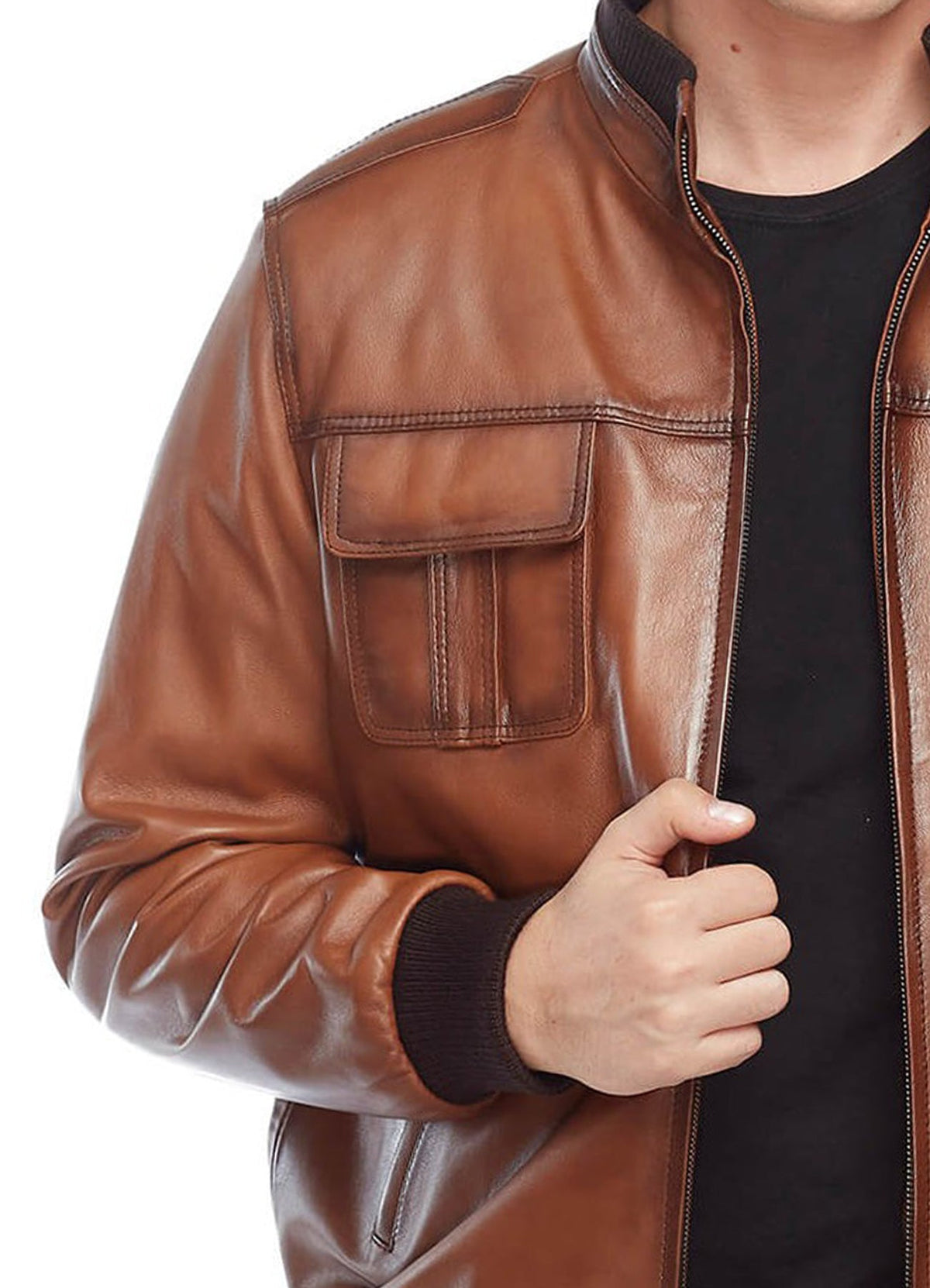 Mens Tan Classic Bomber Leather Jacket