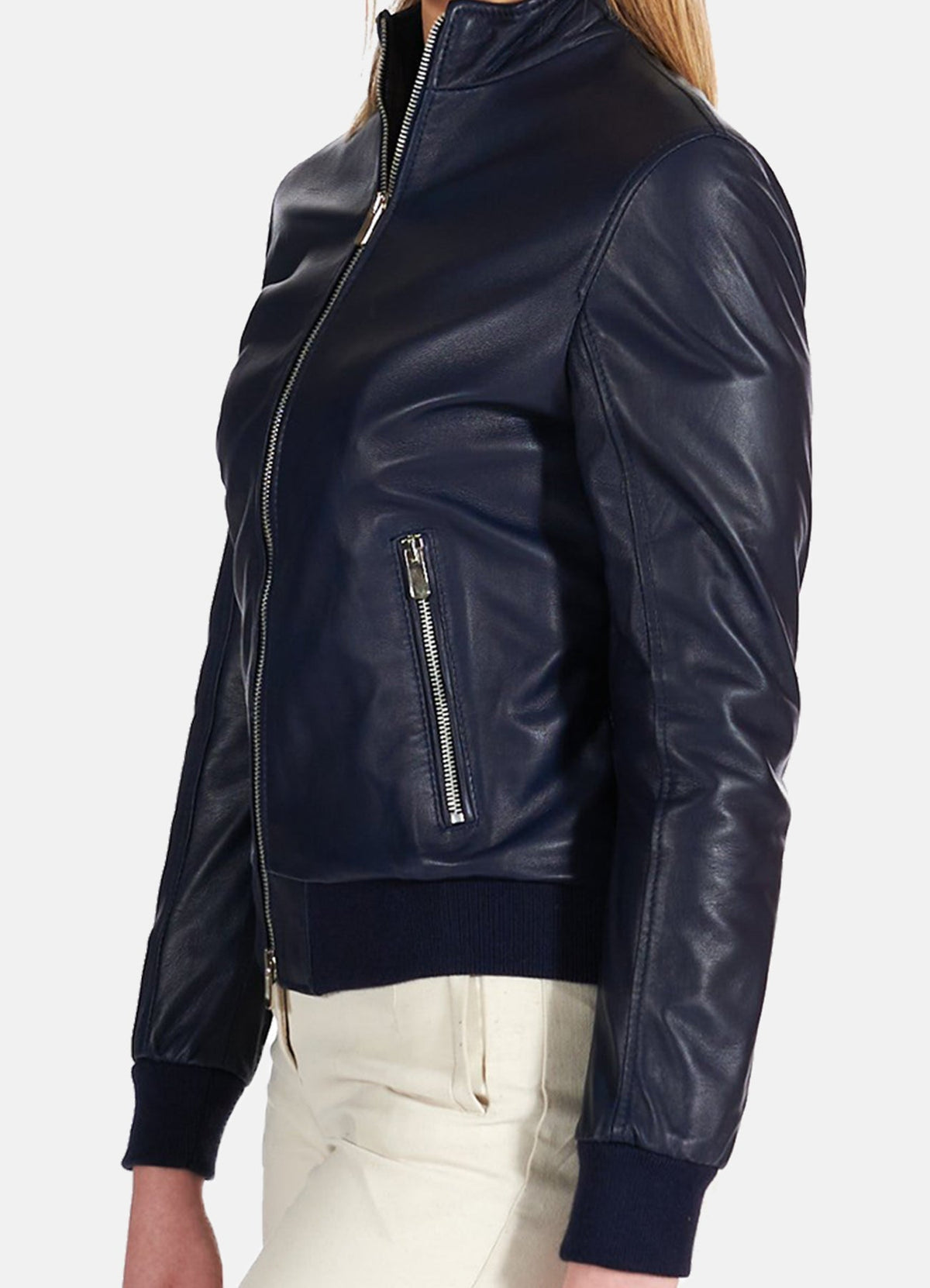 Womens Navy Blue Bomber Leather Jacket