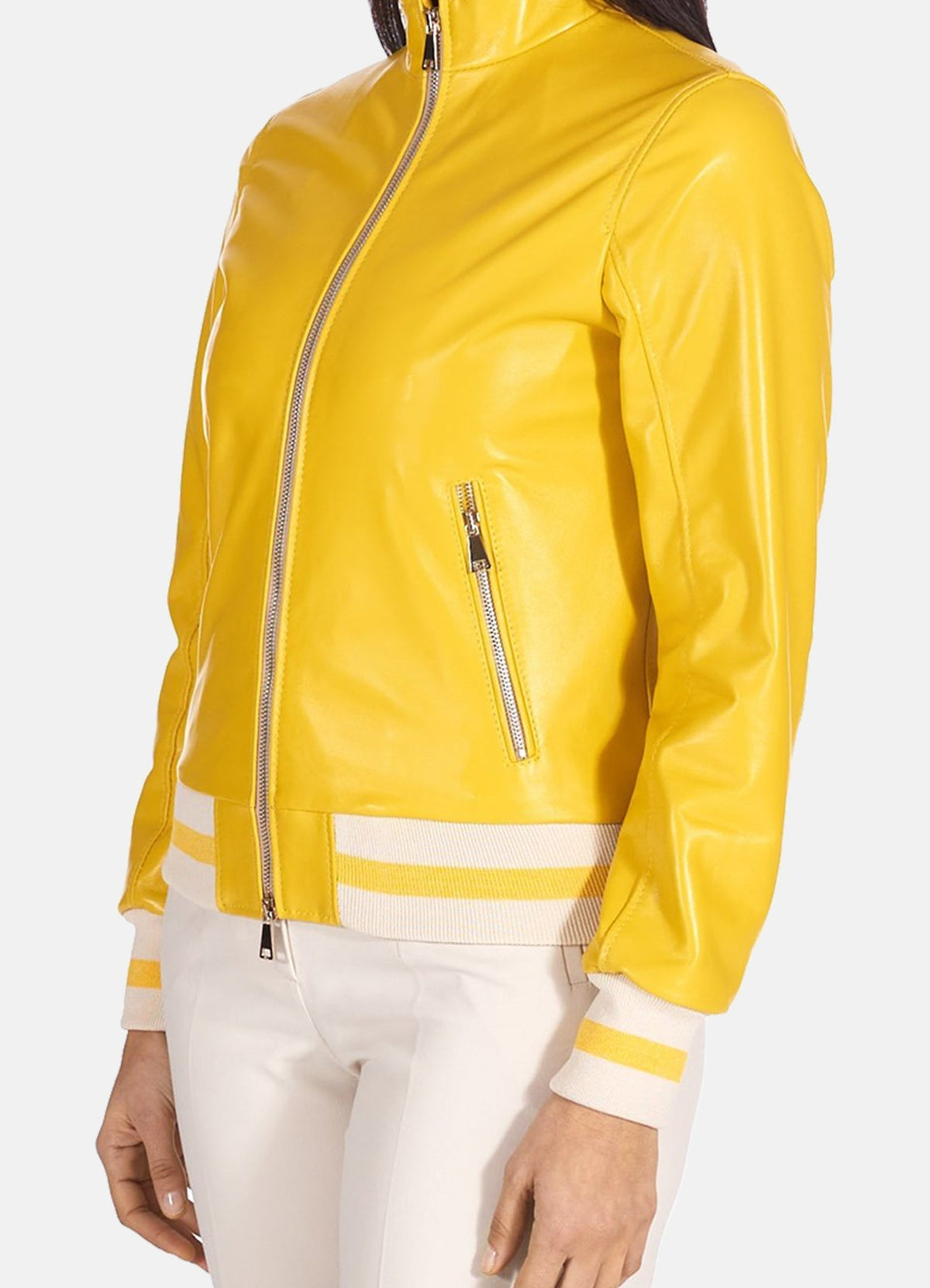 Womens Bright Yellow Bomber Leather Jacket