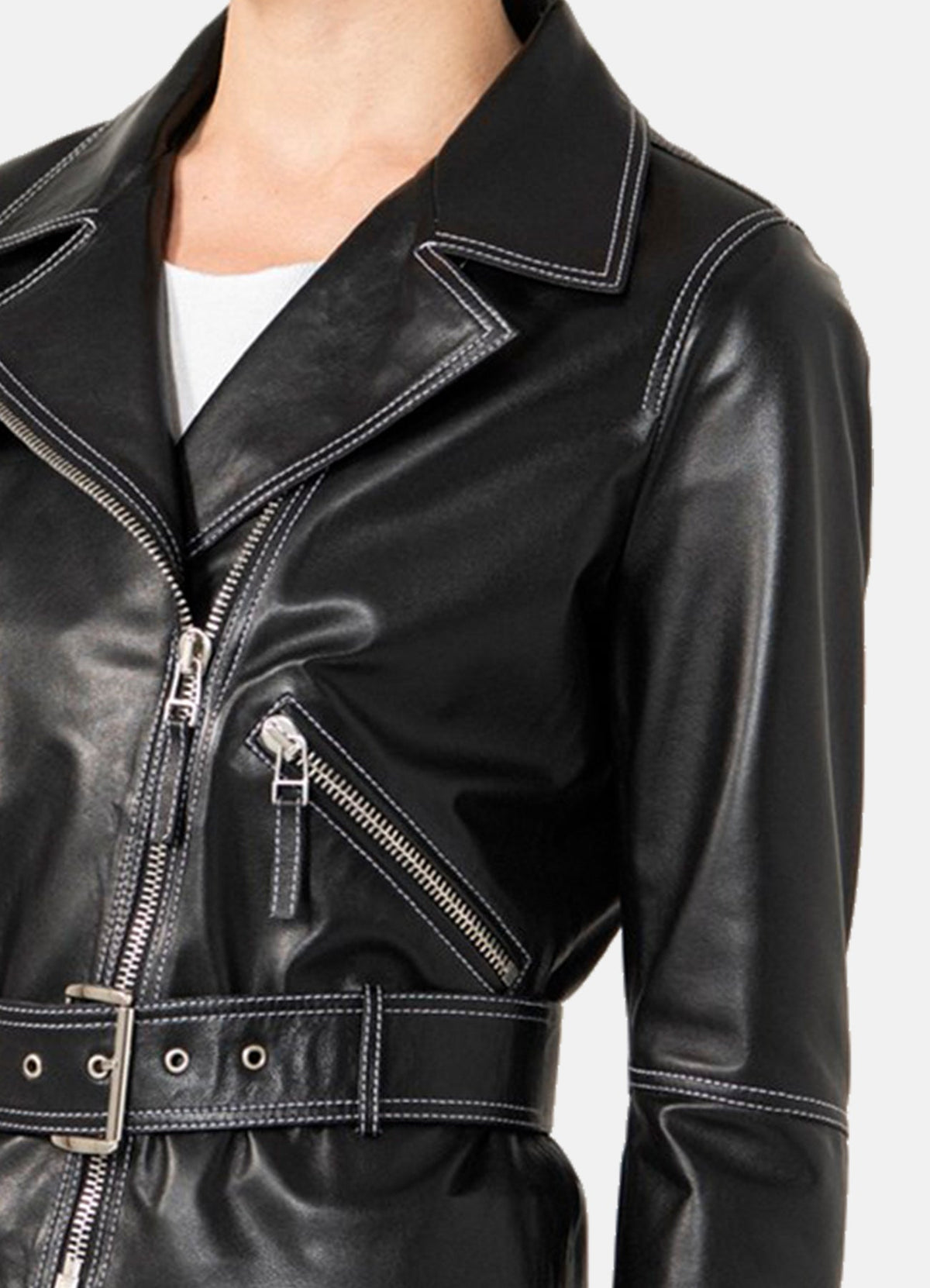 Womens White Stitched Black Biker Leather Jacket