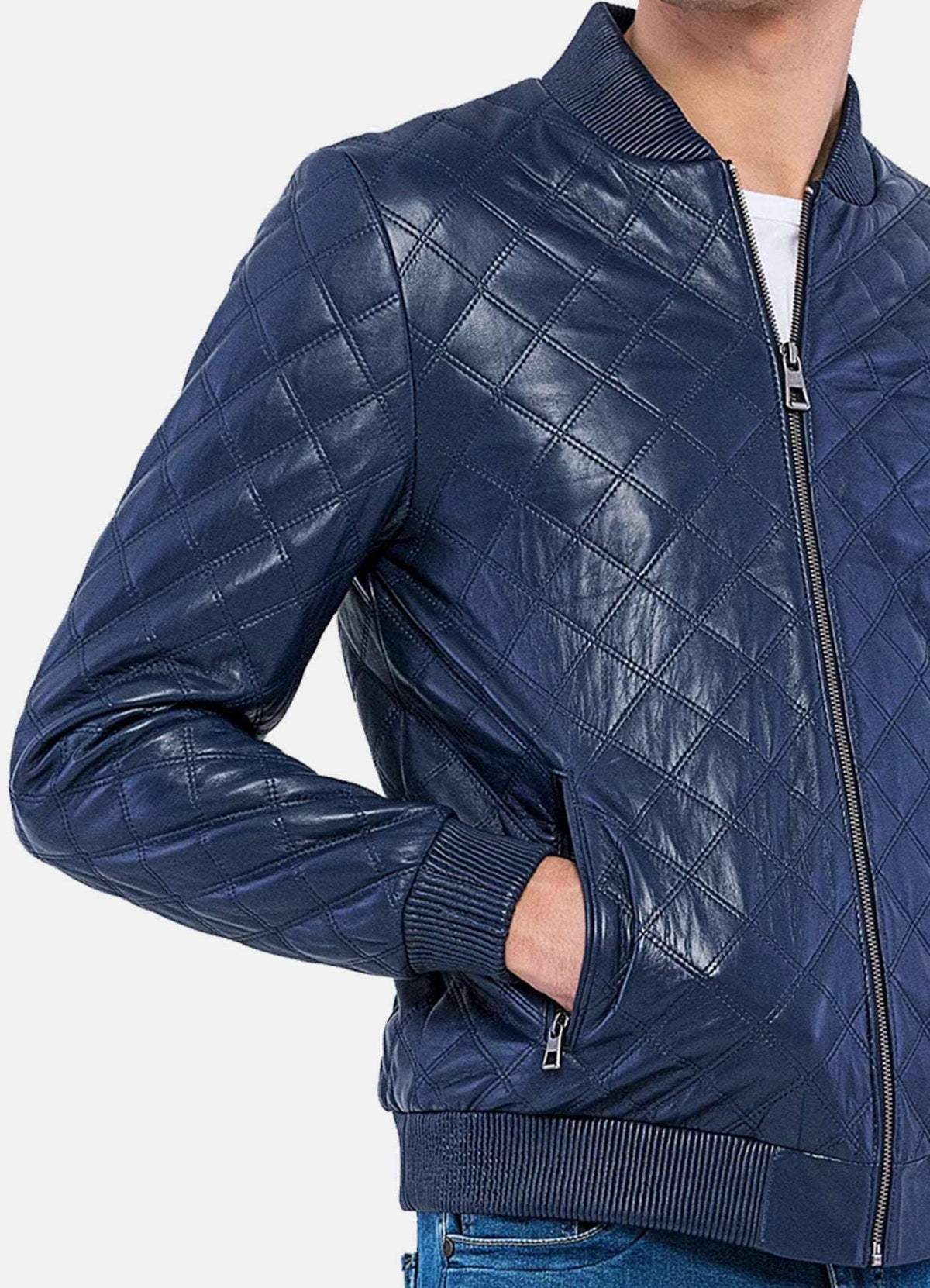 Mens Blue Quilted Leather Bomber Jacket