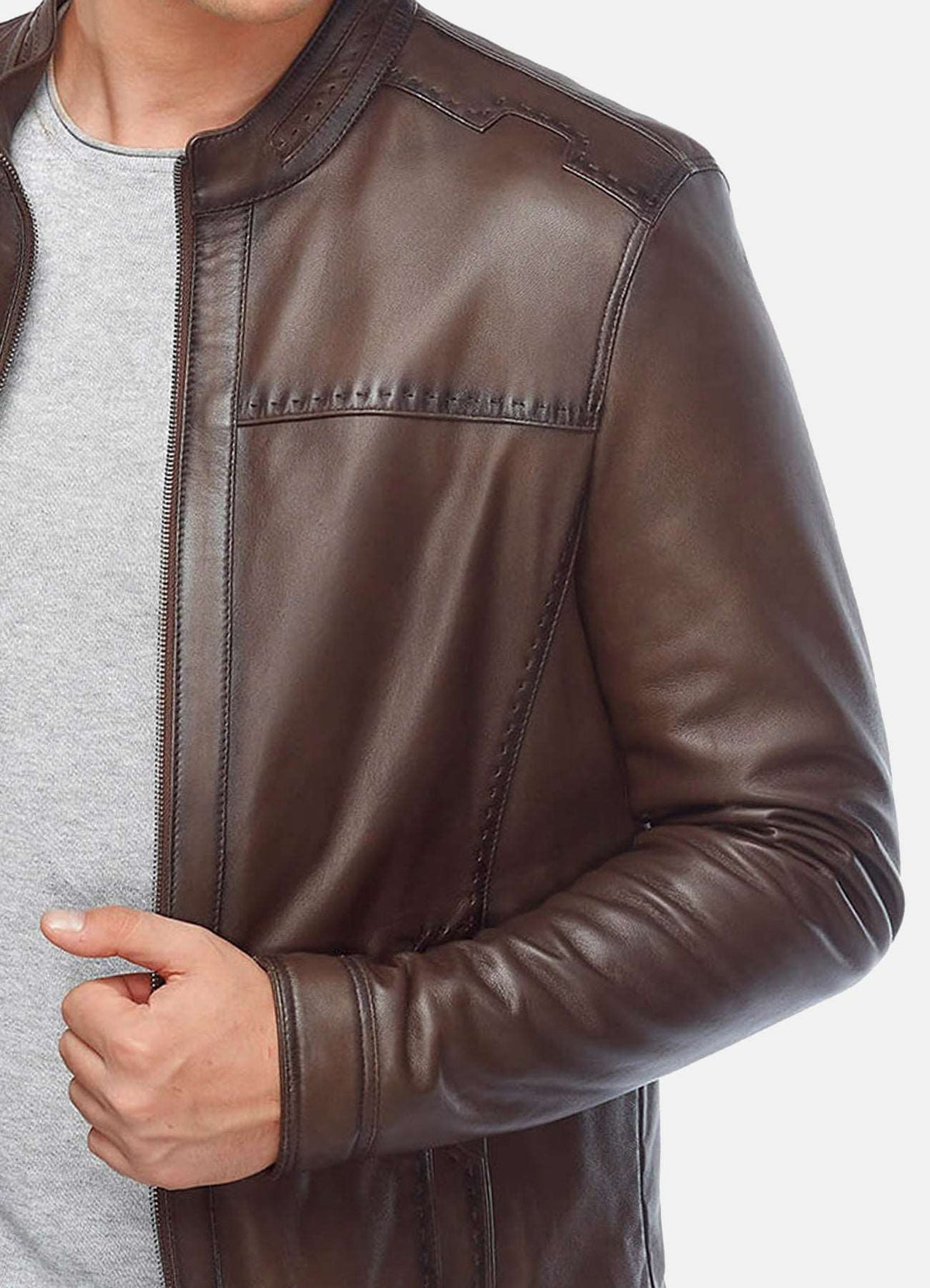 Mens Brown Stitched Style Classic Leather Jacket