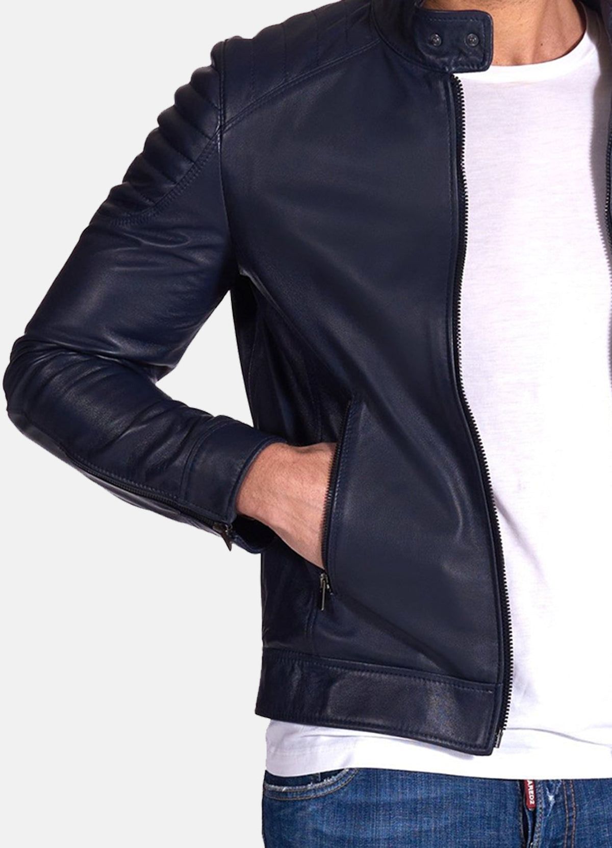 Mens Padded Shoulder Blue Biker Leather Jacket