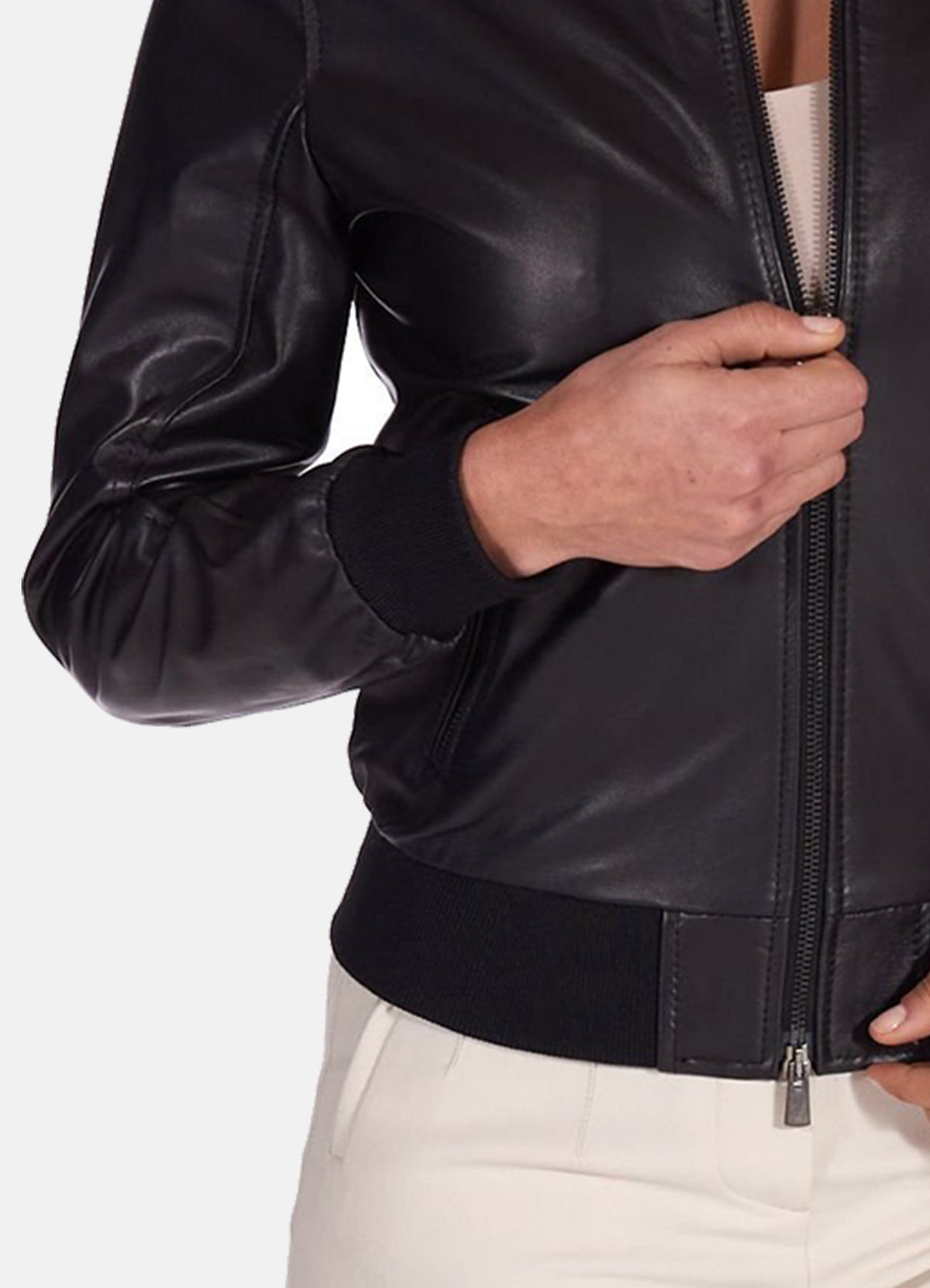 Womens Matt Black Bomber Leather Jacket