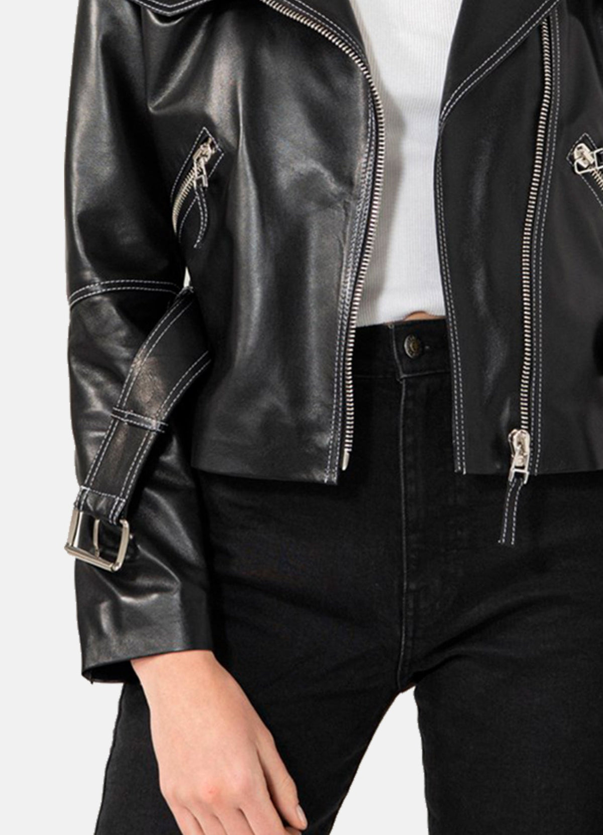 Womens White Stitched Black Biker Leather Jacket