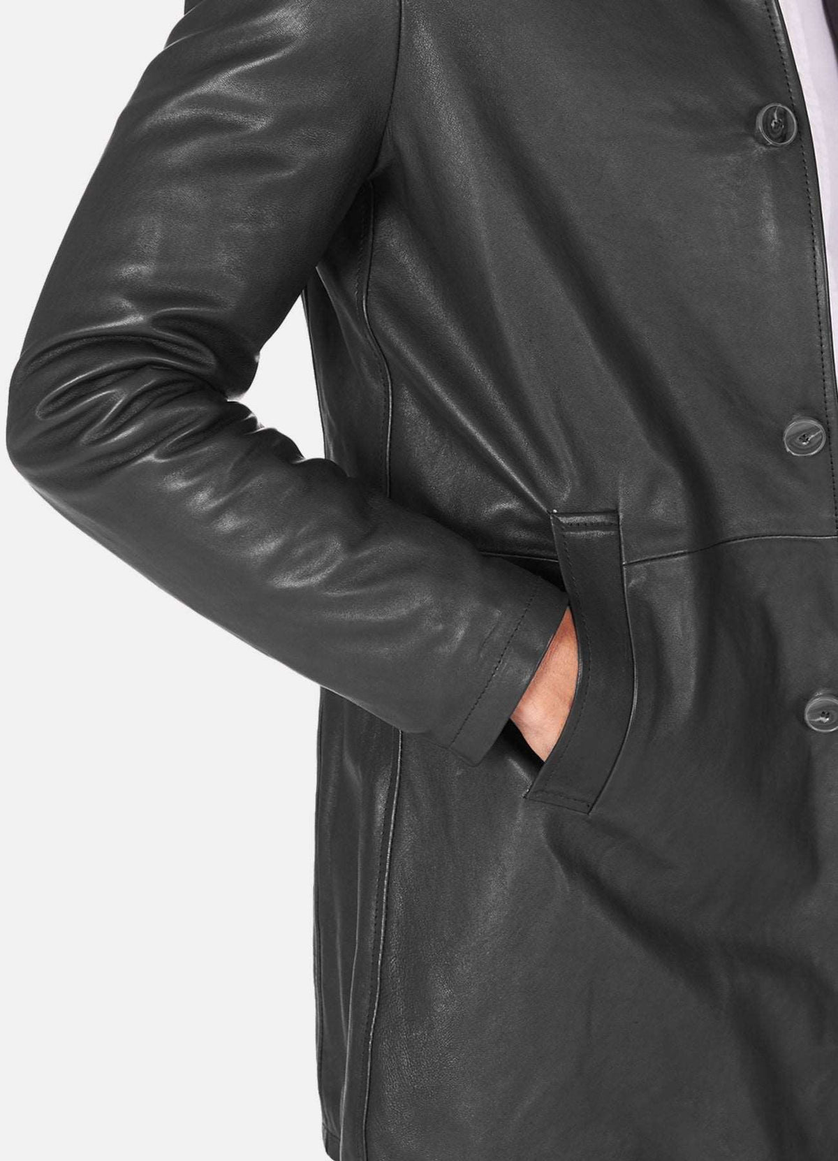 Mens Iconic Black Mid-Length Leather Coat