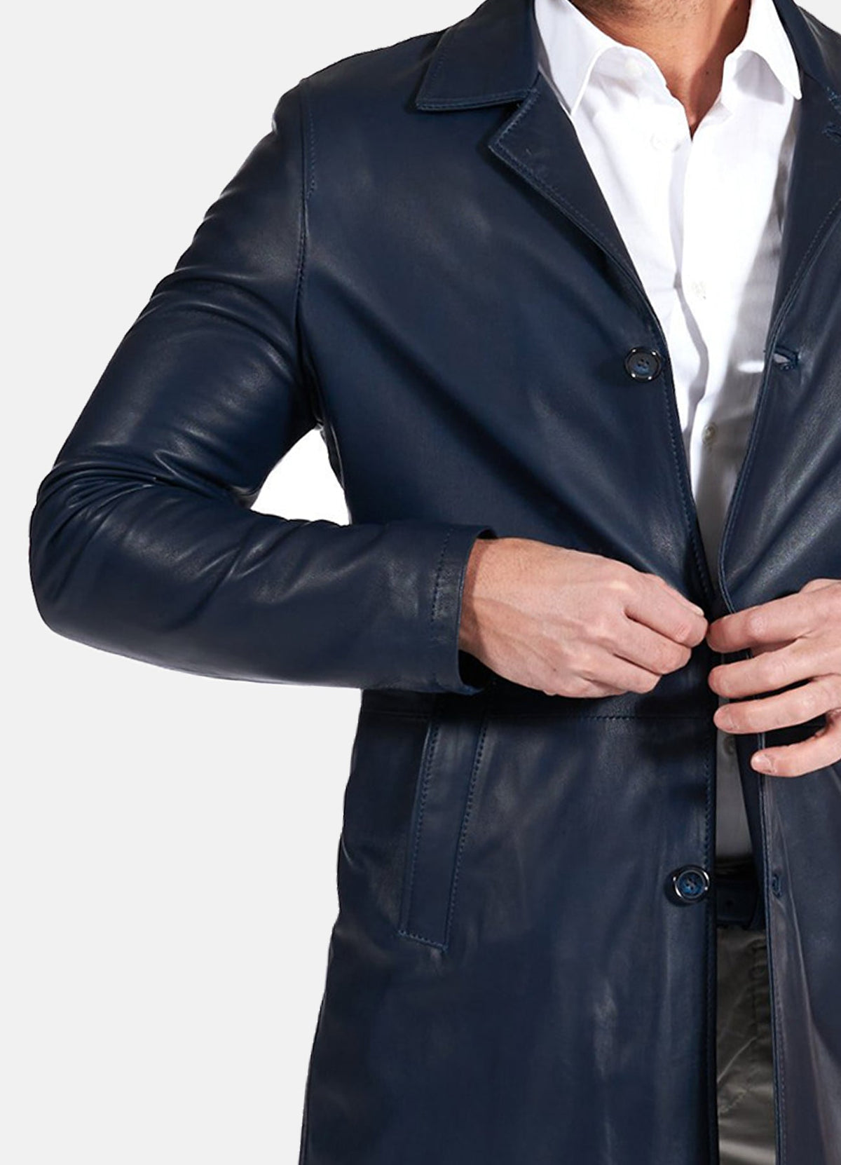 Mens Casual Blue Mid-Length Leather Coat