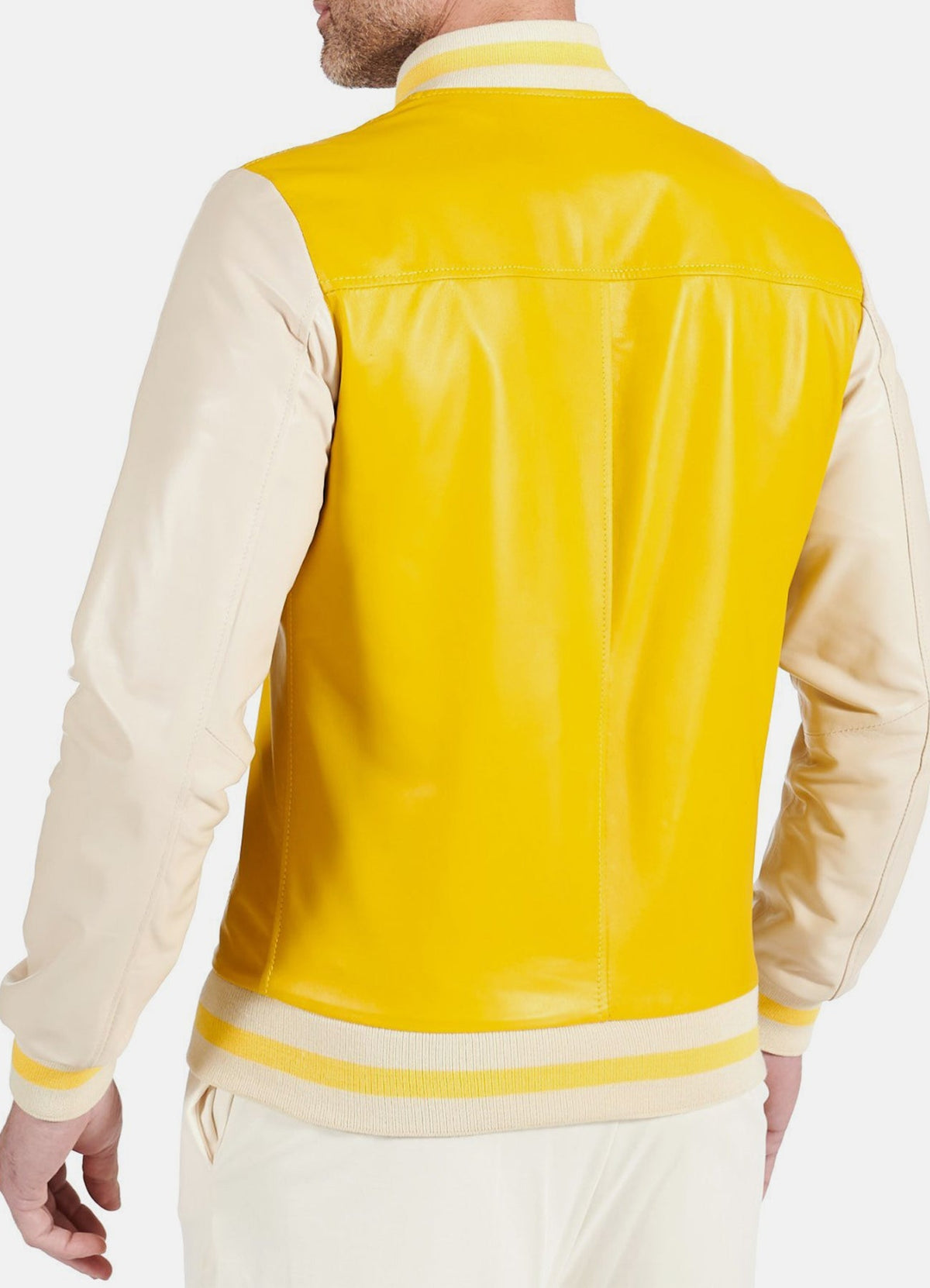 Mens Yellow Beige Leather Varsity Jacket