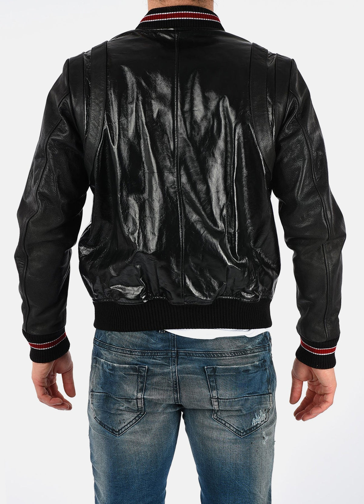 Mens Shiny Black Varsity Leather Jacket