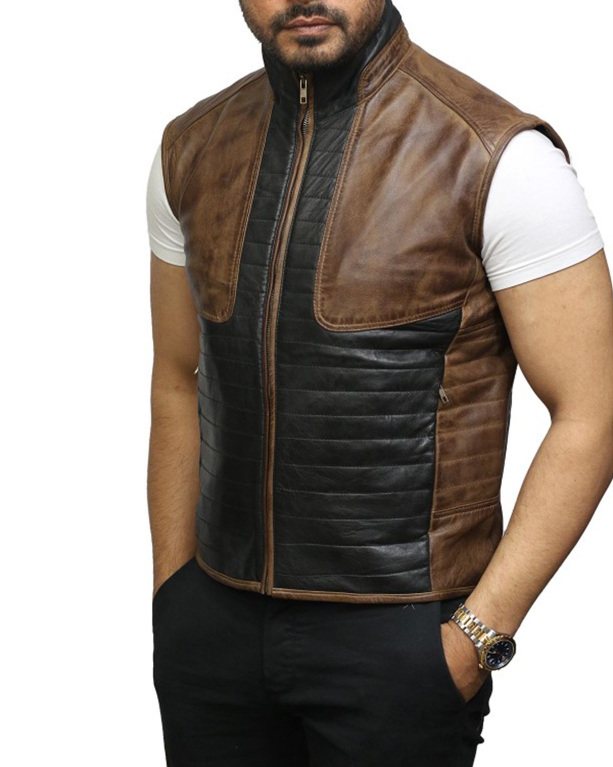 Men's Black and Brown Body Warmer Leather Vest