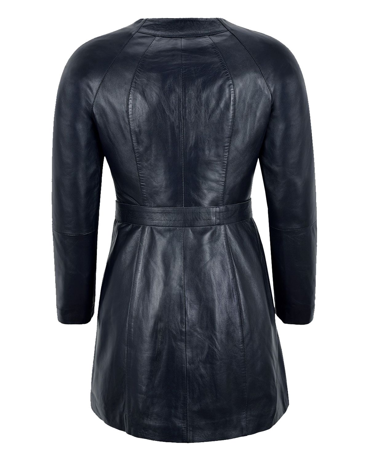 Women's Collarless Black Knee Length Long Leather Coat