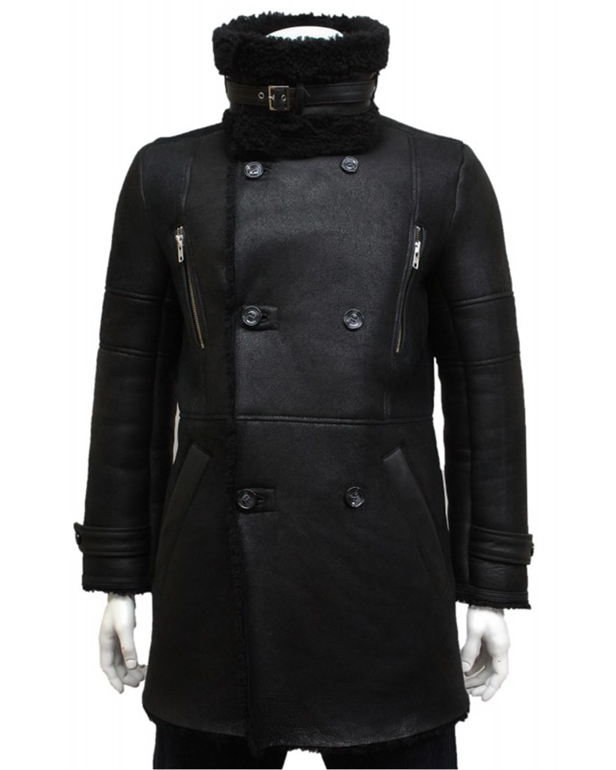 Men's Black Foldable Notched Fur collar Duffle Coat