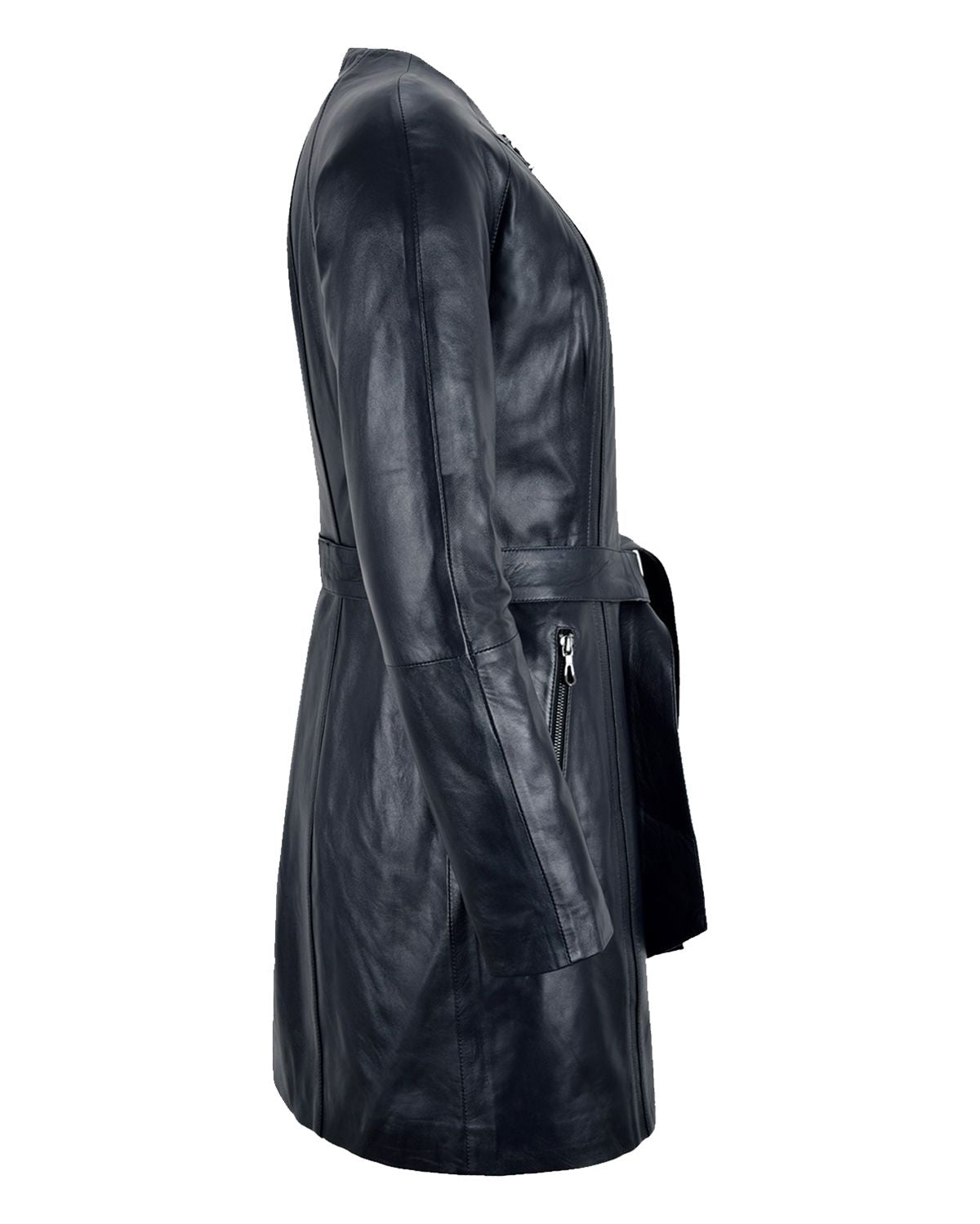 Women's Collarless Black Knee Length Long Leather Coat